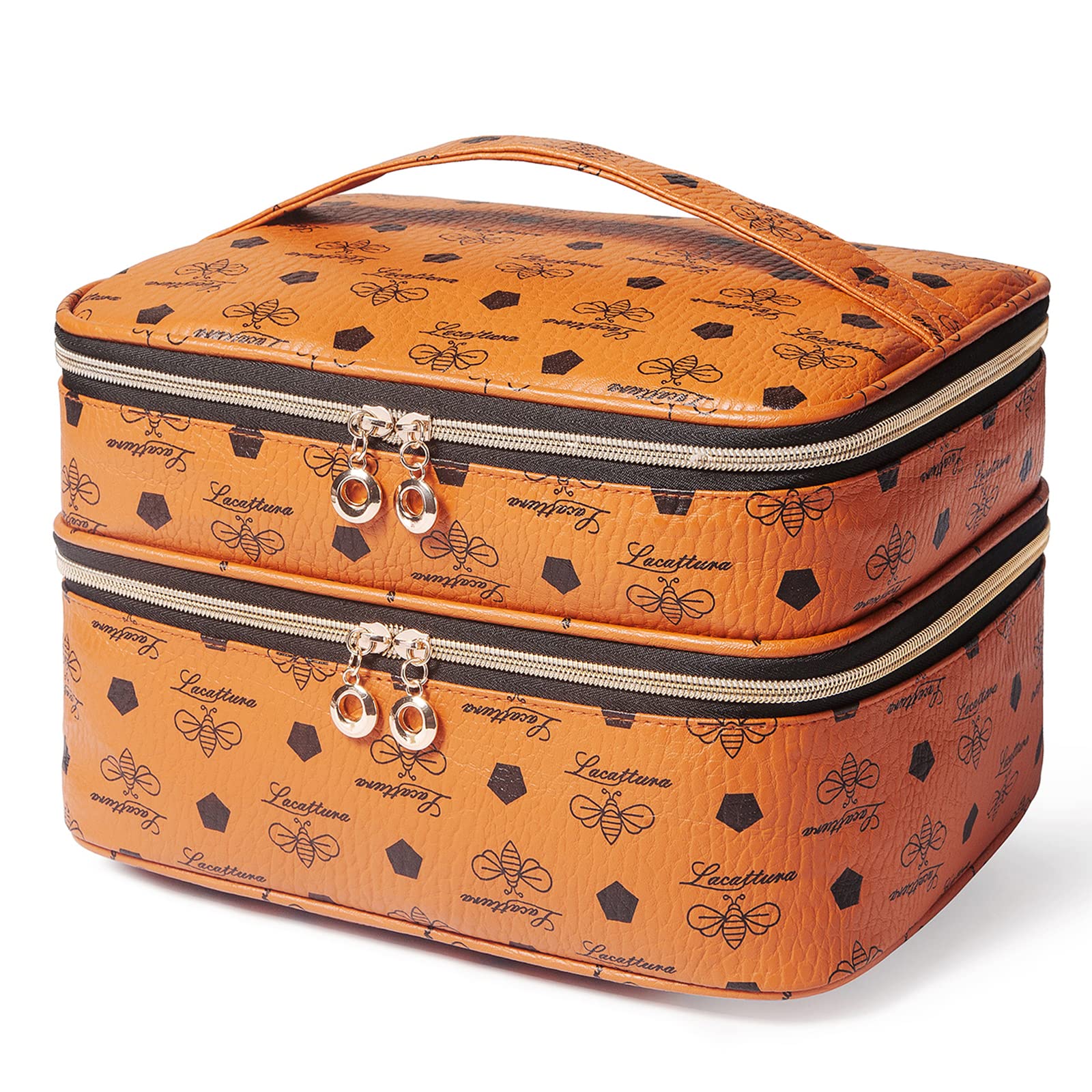 LACATTURA Double Layer Leather Makeup Bag for Women - Large Travel Toiletry Organizer with Adjustable Divider & Brush Holder - Portable Cosmetic Case for Beauty Storage (Brown) | Perfect for Travel, Gym, and Daily Makeup Organization