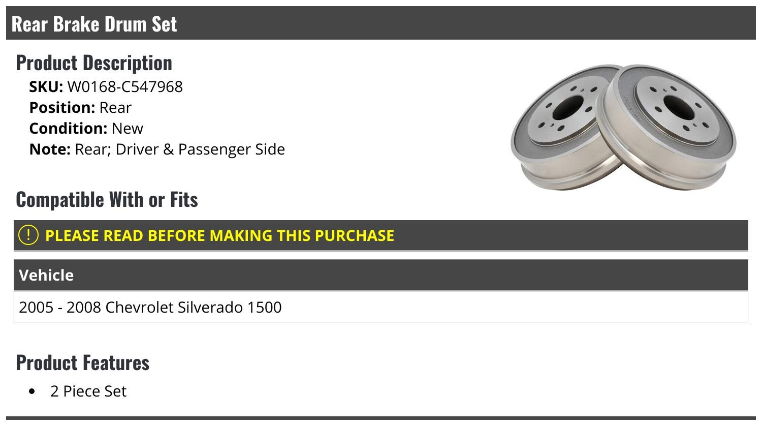 Rear Brake Drum Set of 2 - Replacement for 2005-2008 Chevy Silverado 1500 - Heavy Duty Braking Performance for Pickup Trucks & Towing