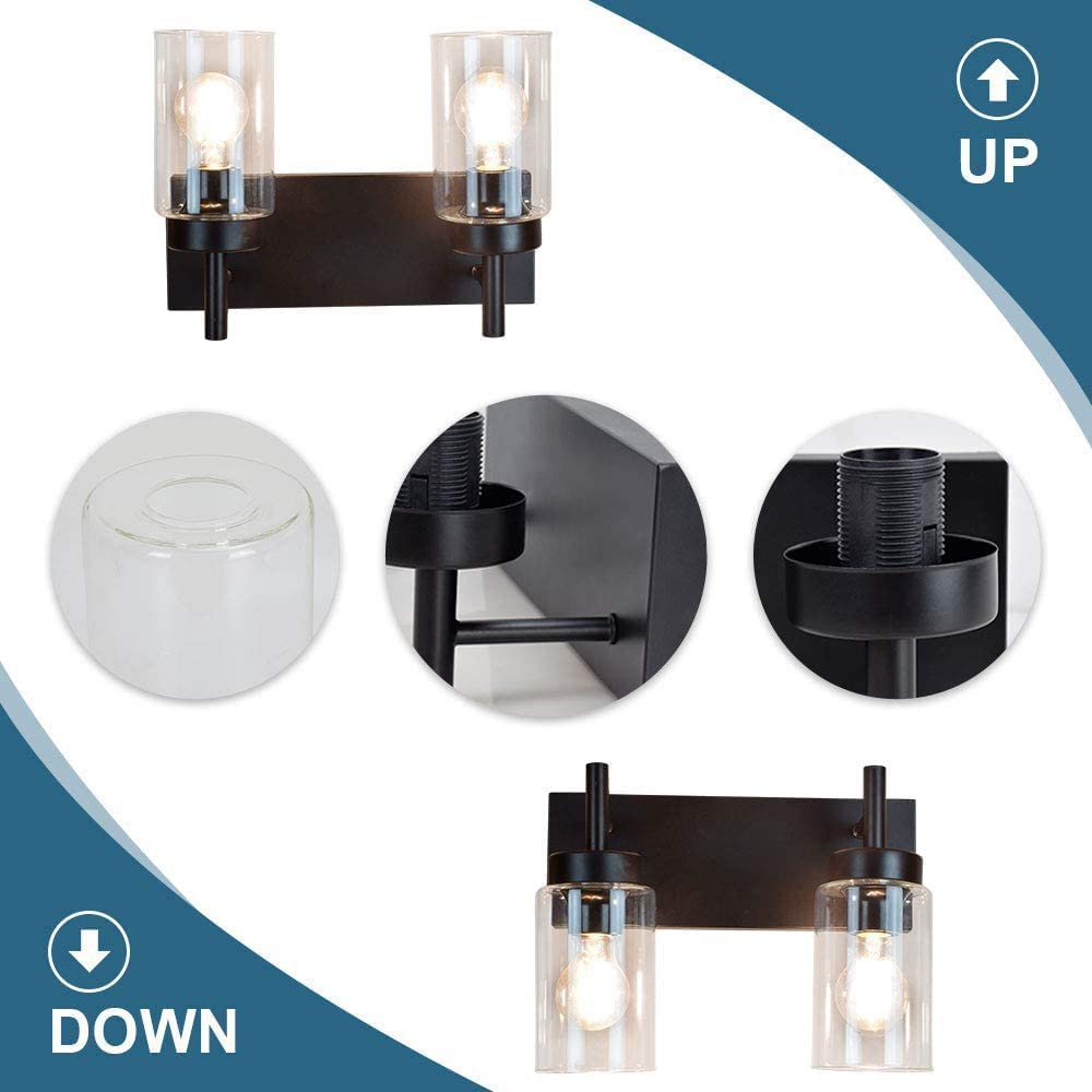 Rustic Vanity Wall Mount Lamp - 2 Light Metal Wall Sconce with Glass Shade for Bathroom, Bedroom & Hallway Lighting | Perfect for Makeup Mirror, Powder Room & Laundry Room Décor