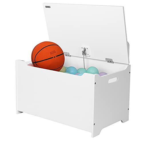 Wooden Toy Chest for Kids - Large Toy Storage Box with Bench Seat, Finger-Pinch Safe Lift-Top Design, Multi-Functional Foot Rest - Perfect for Bedroom, Playroom & Entryway Organization (White)