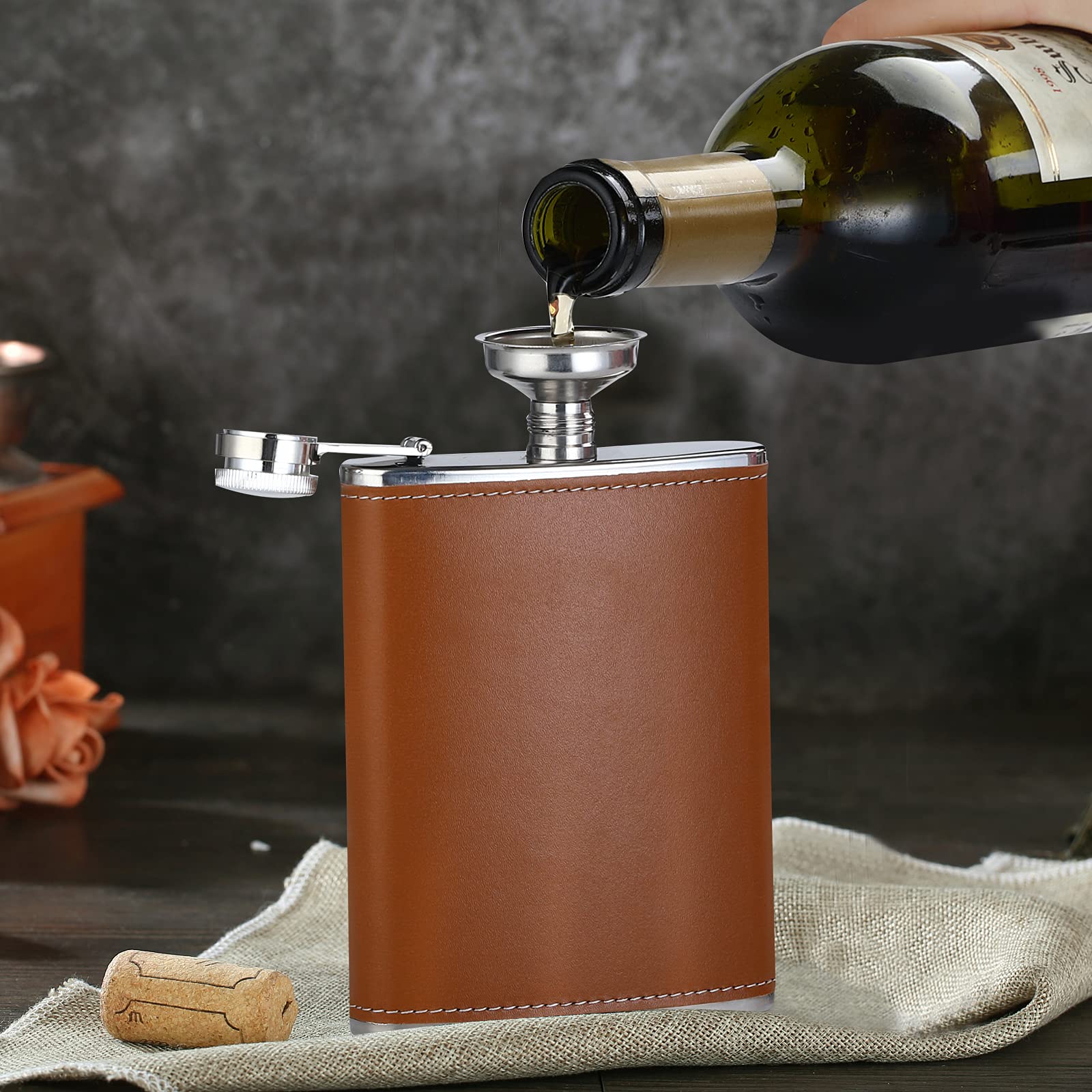Premium 8 Oz Stainless Steel Leather Hip Flask with Funnel - Great for Whiskey, Bourbon & Liquor - Perfect Gift Set for Men, Camping, Weddings & Parties (Set of 8) - Durable & Leakproof for Outdoor Adventures & Special Occasions