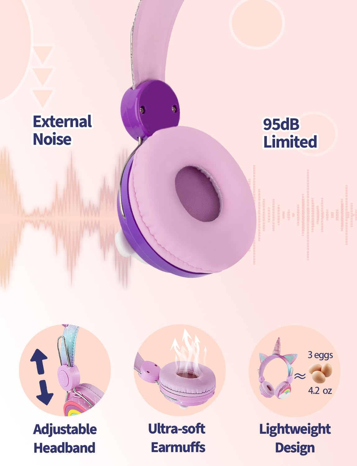 **Rainbow Unicorn Kids Headphones with Microphone - Wired Over-Ear Headset with 3.5mm Jack, HD Sound for School, Online Study, Kindle, Tablet & PC - Perfect Birthday Gift for Girls (Purple)**    *Ideal for virtual learning, gaming, music, and watching videos at home or in the classroom.*