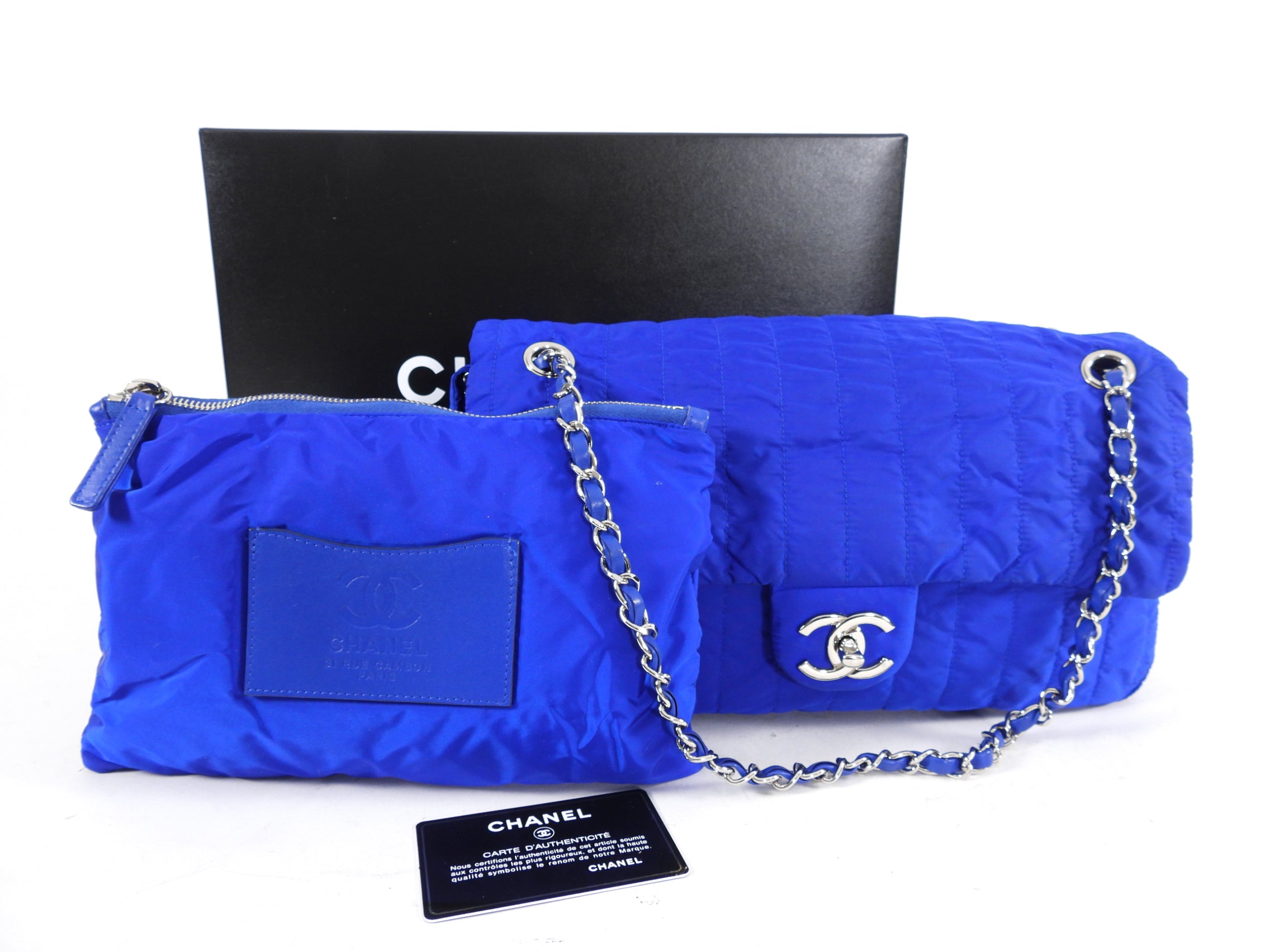 Chanel 12P Cobalt Blue Nylon Flap Bag with Pouch - Luxury Designer Shoulder Bag for Women | Perfect for Evening Parties, Date Nights & Special Occasions
