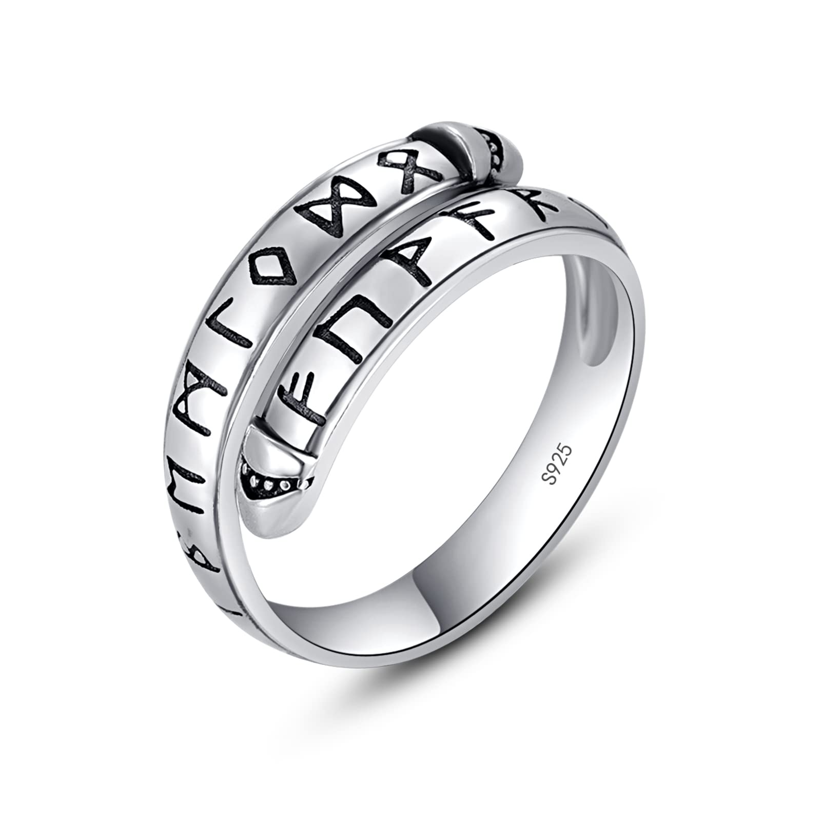 KINGWHYTE Adjustable 925 Sterling Silver Viking Ring with Nordic Runes & Vegvisir Compass - Norse Pagan Jewelry for Men & Women - Perfect for LARP, Cosplay, and Viking Enthusiasts