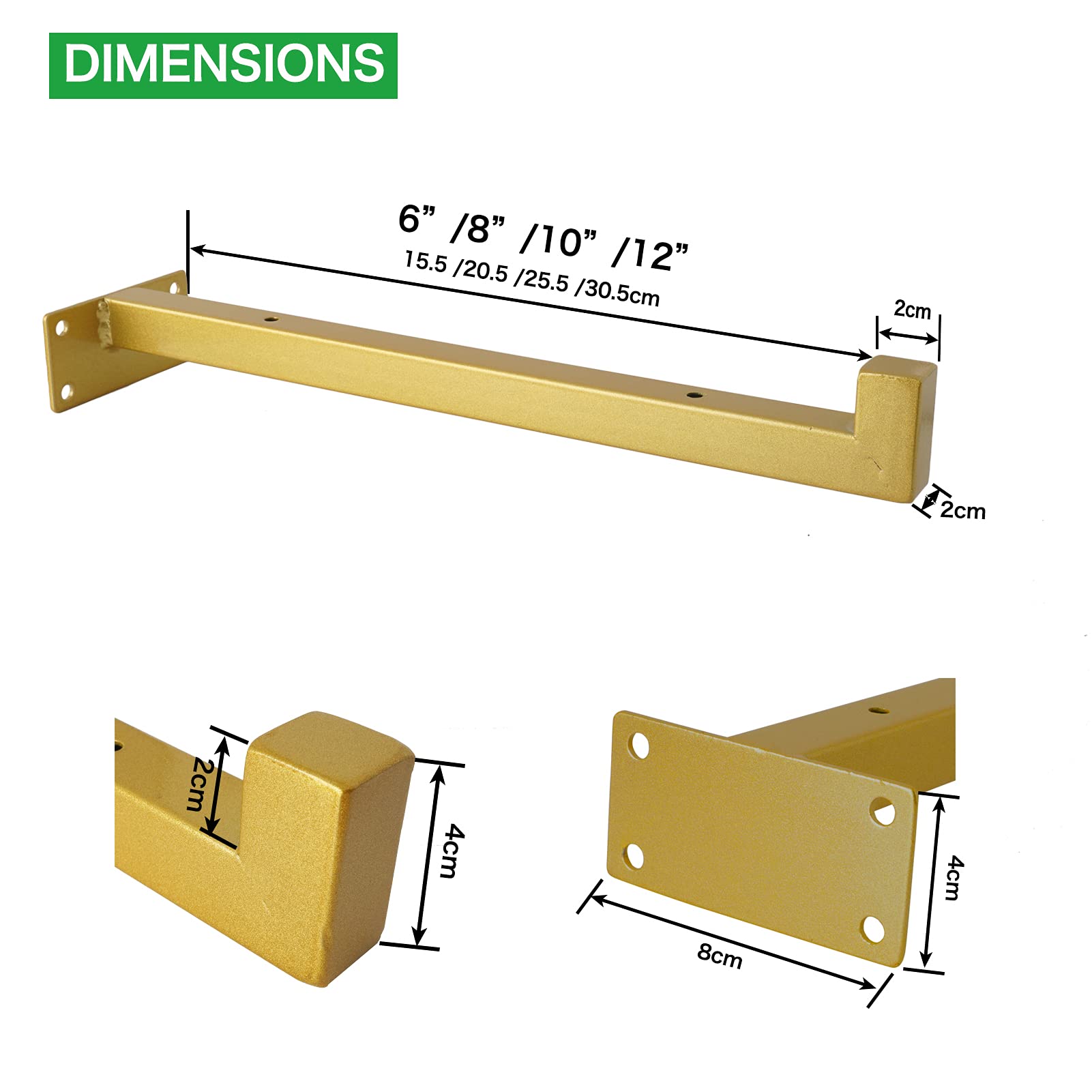 EZYDECOR 8 Inch Gold Shelf Brackets - Heavy Duty Metal Wall Mounted Shelf Supports with Lip for Industrial Shelving, Floating Shelves & Home Decor (6 Pack) - Perfect for Kitchen, Bathroom, Living Room & Office Organization