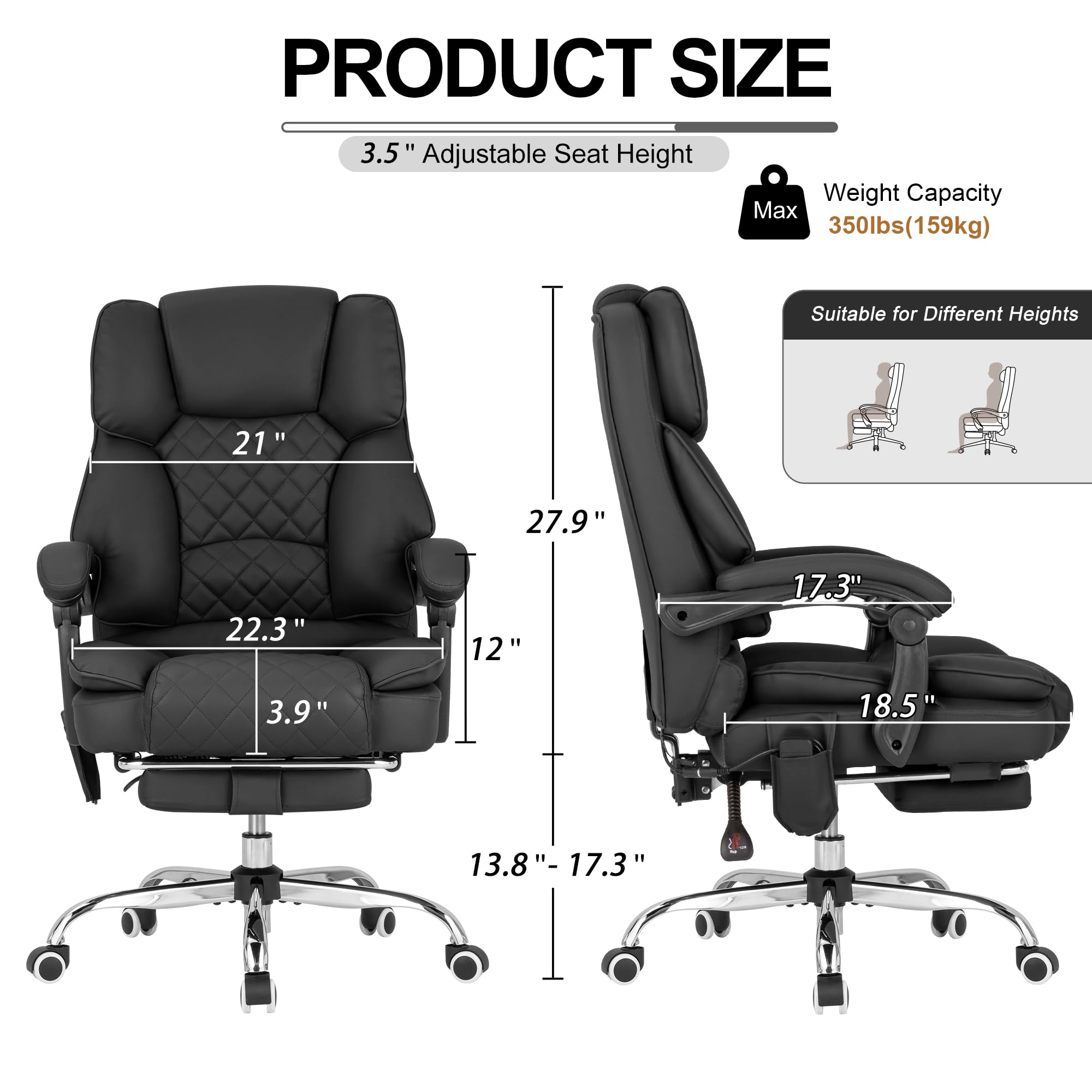 Ergonomic Heated Kneading Massage Executive Office Chair with 90-135° Recline & Footrest - Diamond-Stitched Black Leather Computer Desk Chair for Back Pain Relief - Perfect for Home Office, Gaming & Workspace Comfort