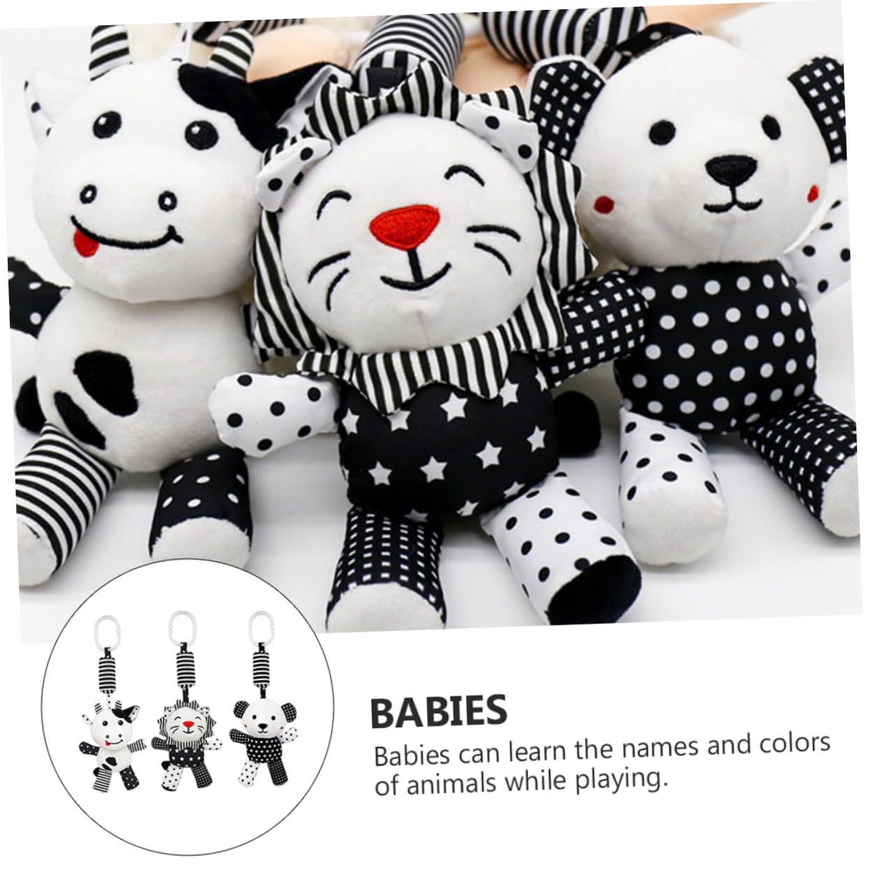FAVOMOTO 6-Piece Rattle Bell Animal Stroller Toys - Hanging Car Seat & Stroller Accessories for Newborns - Soft PP Cotton White Baby Toys for Infants 0-6 Months - Perfect for Strollers, Car Seats & Playtime