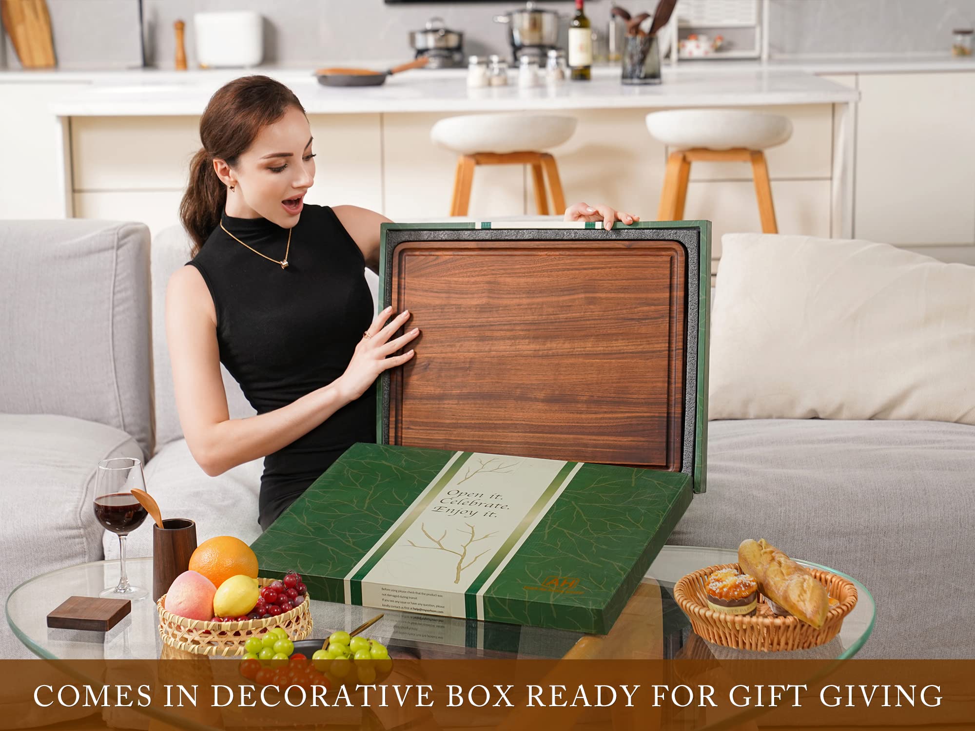 AZRHOM XL Large Walnut Wood Cutting Board 20x15 Inch - Thick Reversible Butcher Block with Juice Groove & Non-Slip Mats, Gift Box Included - Perfect for Kitchen Prep, Meat Cutting, Charcuterie Boards & Holiday Gifting