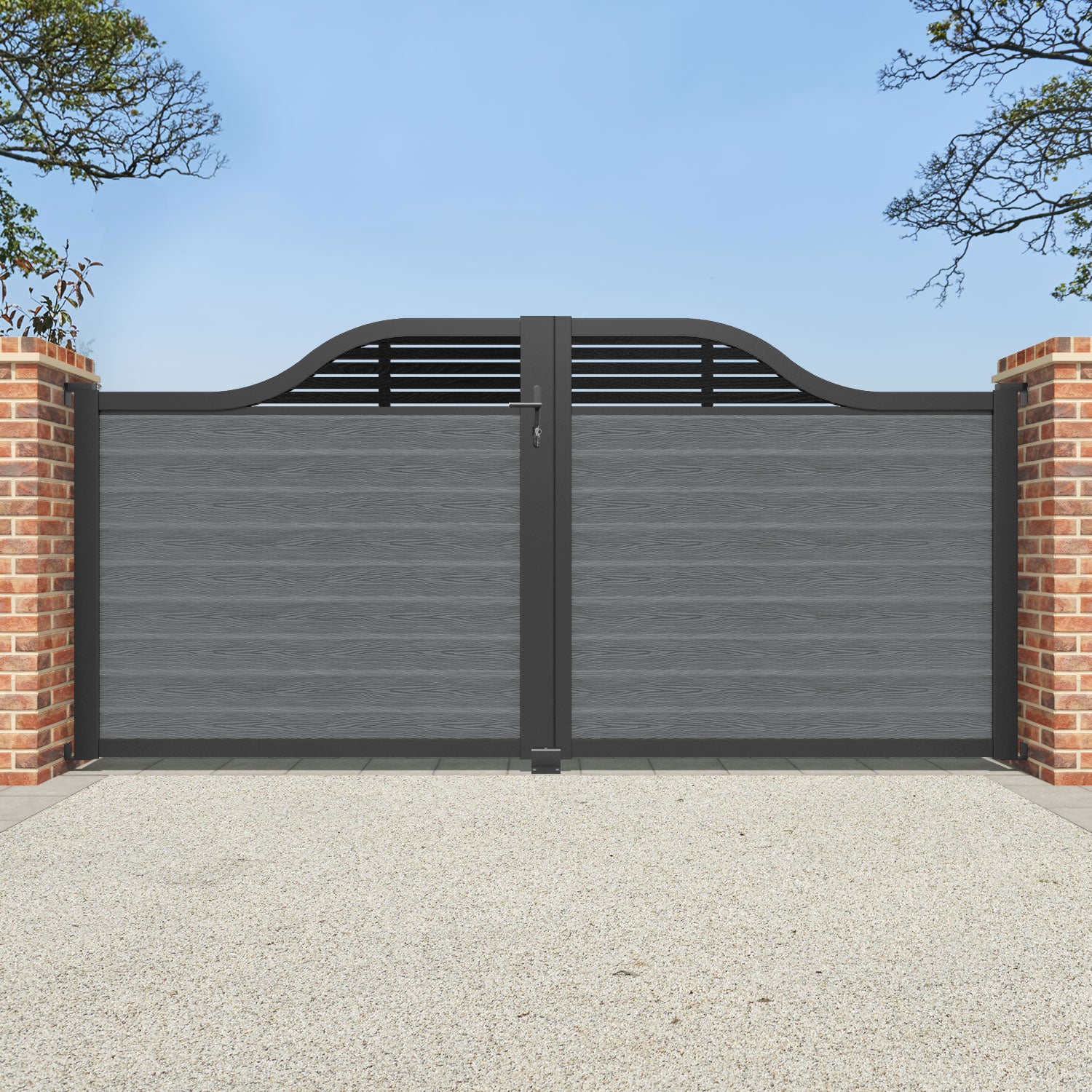 Classic Aspen Curved Top Driveway Gate - Mid Grey Powder Coated Steel with Decorative Top Screen | Elegant Entryway Solution for Residential & Commercial Properties | Enhances Curb Appeal & Security