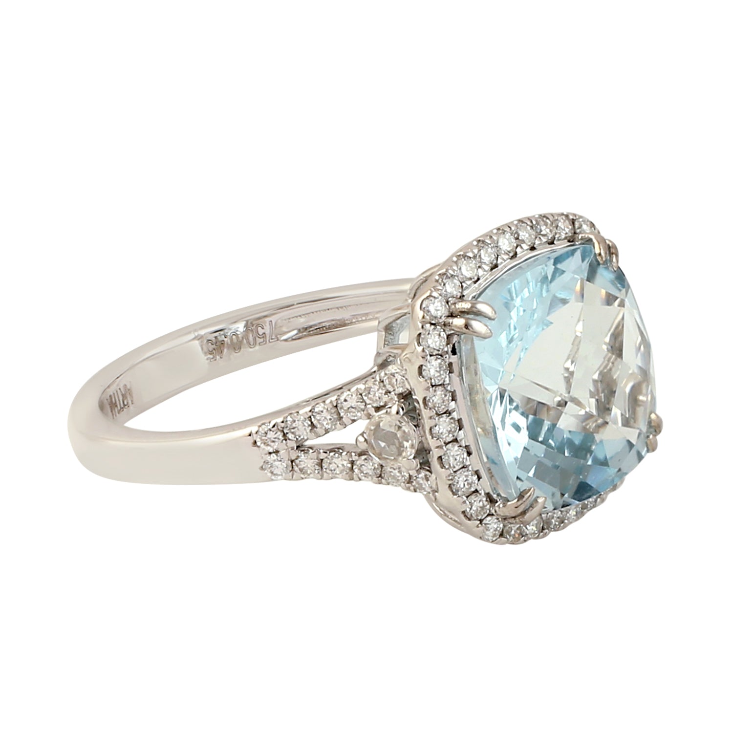 18K White Gold Cushion Cut Aquamarine Pave Diamond Solitaire Ring - Elegant Engagement, Wedding, Anniversary Gift for Her