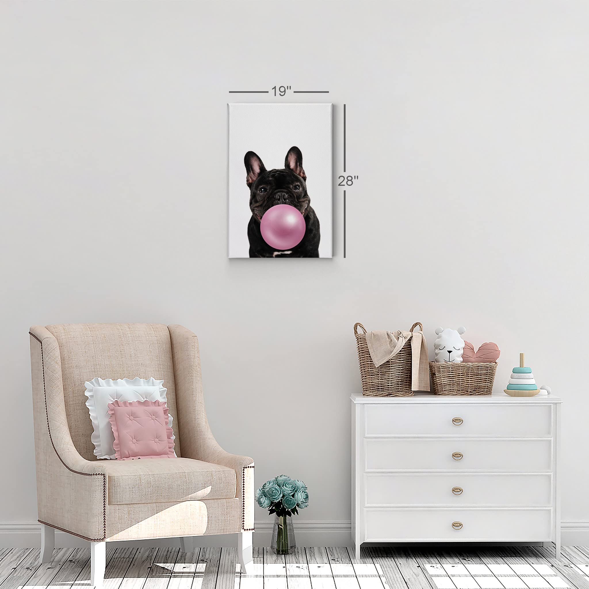 Cute Black Bulldog Bubble Gum Pop Art Canvas Print - 40x30 Inch Pink Animal Wall Decor for Kids Room, Nursery & Home Decoration | Made in USA | Fun & Playful Wall Art for Bedrooms, Playrooms & Gifts
