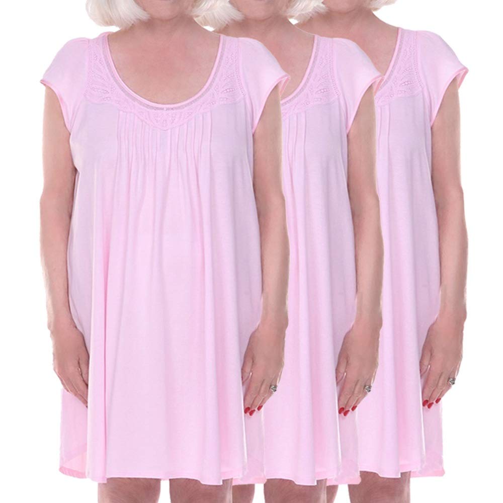 3-Pack Women's Open Back Nightgowns - 100% Cotton Cap Sleeve Lace Yoke Sleepwear - Pink Nursing Home Gowns (Size L/XL) - Comfortable for Hospital, Maternity & Postpartum Care