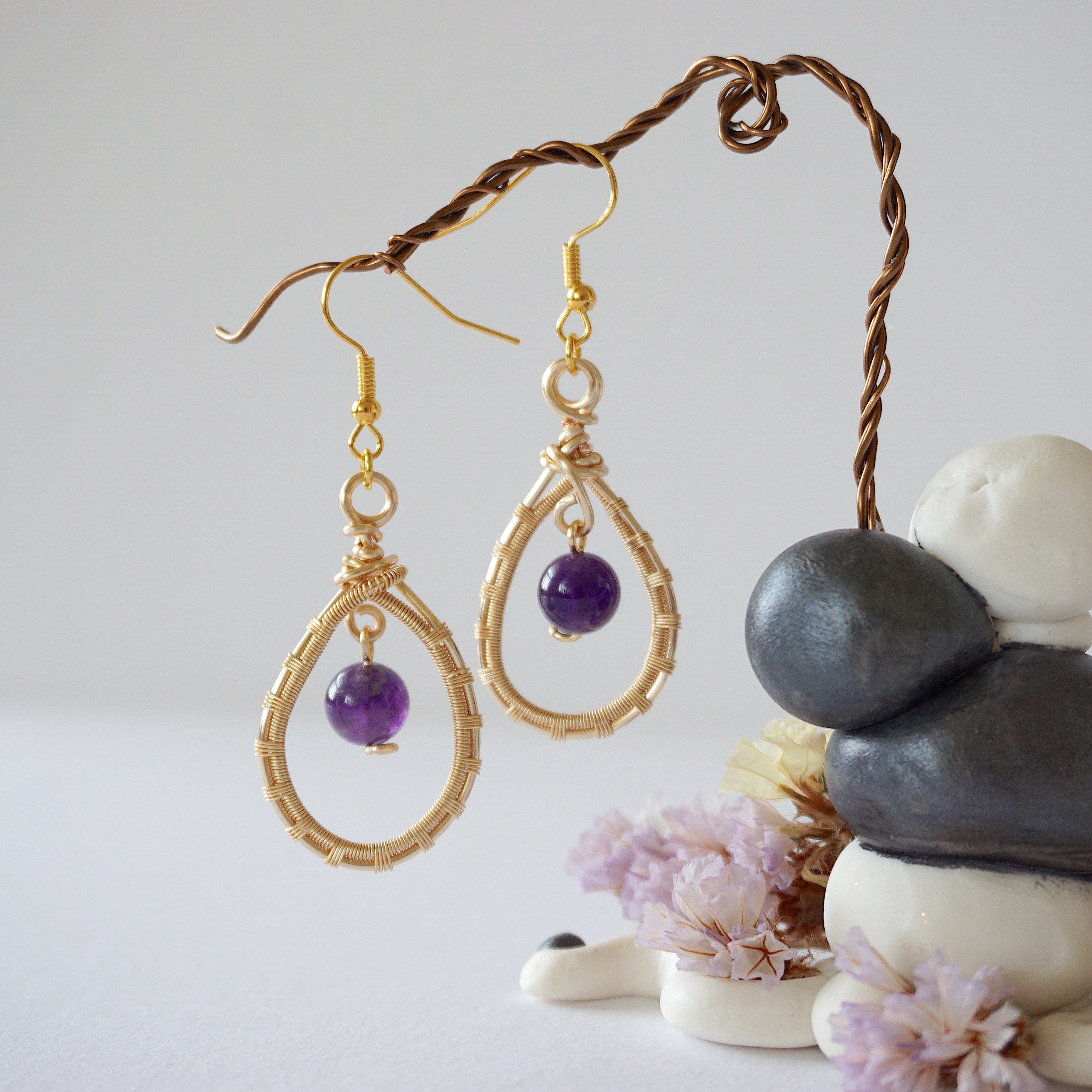 Amethyst Round Wire Earrings - Gold Plated Dangle Earrings for Women | Elegant Jewelry Gift for Birthday, Wedding & Party | Hypoallergenic & Tarnish-Free
