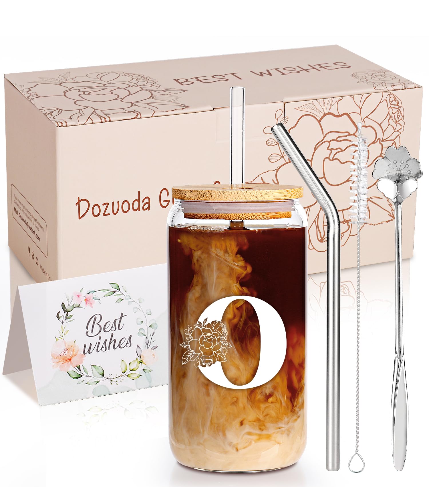 Personalized 16oz Glass Tumbler with Bamboo Lid & Straw - Custom Name Engraved Coffee Cup for Women, Mom - Perfect Gift for Christmas, Birthday, Anniversary - Ideal for Iced Coffee, Smoothies & Home Decor