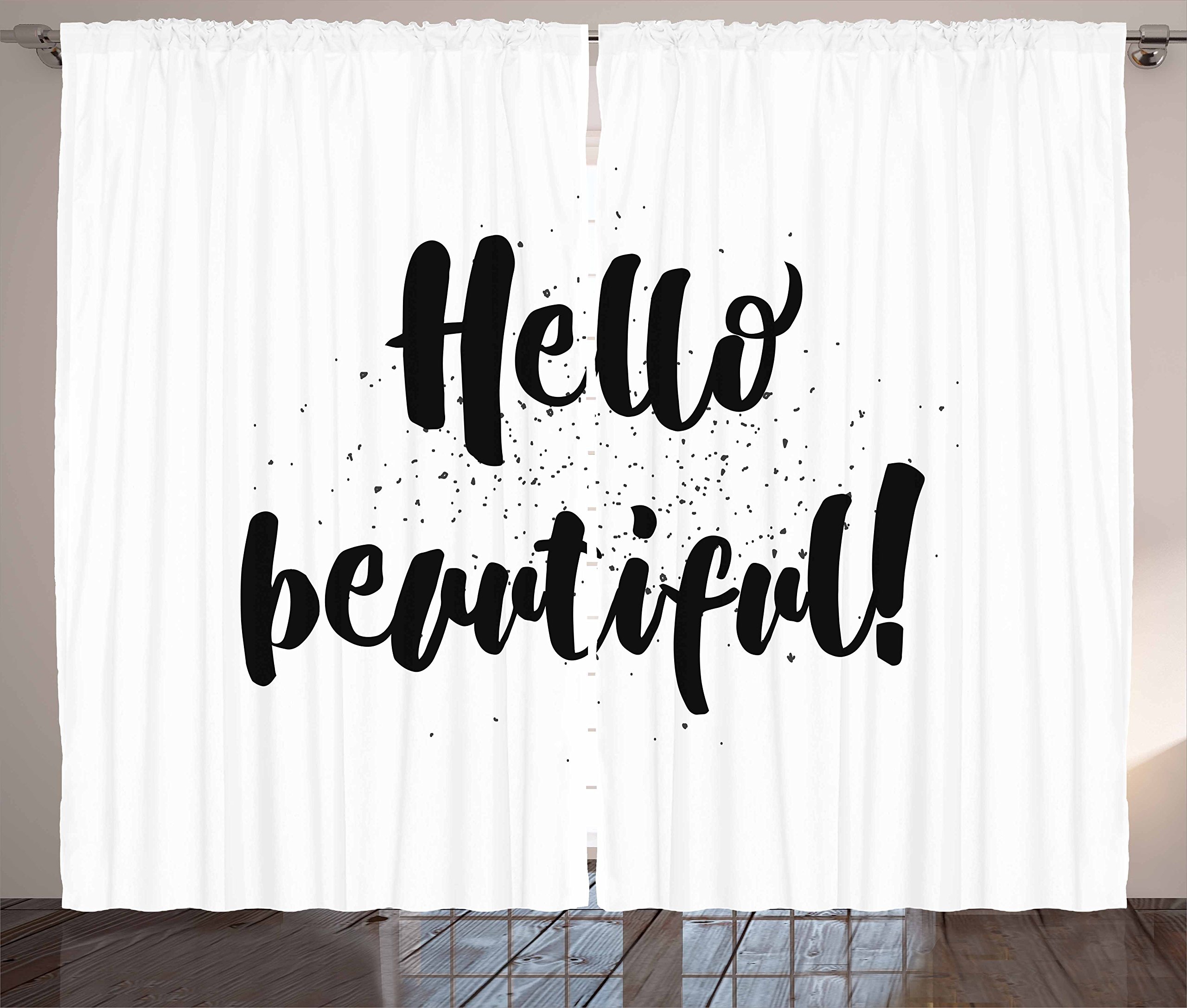 Ambesonne Hello Curtains - Black & White Hand-Drawn Lettering Design with Romantic Inspirational Words Print on Tiny Dots | 2 Panel Window Drapes 108