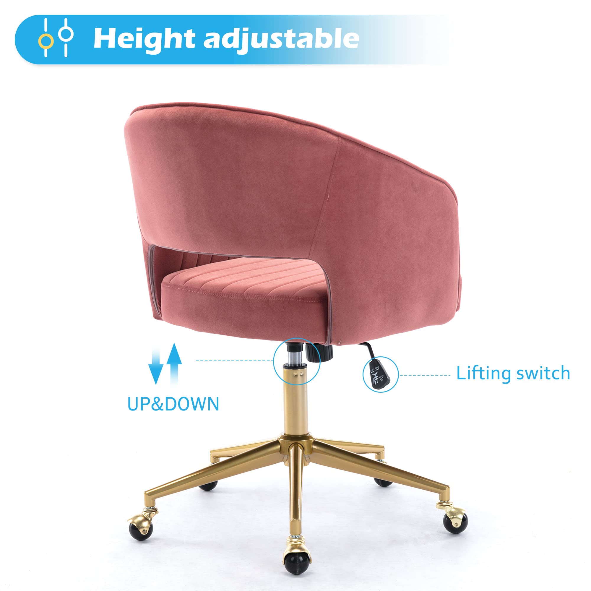 Velvet Swivel Desk Chair with Gold Base - Ergonomic Home Office Chair for Women, Modern Tufted Accent Armchair, Comfortable Study & Computer Task Stool - Perfect for Living Room, Bedroom or Workspace (Rose)