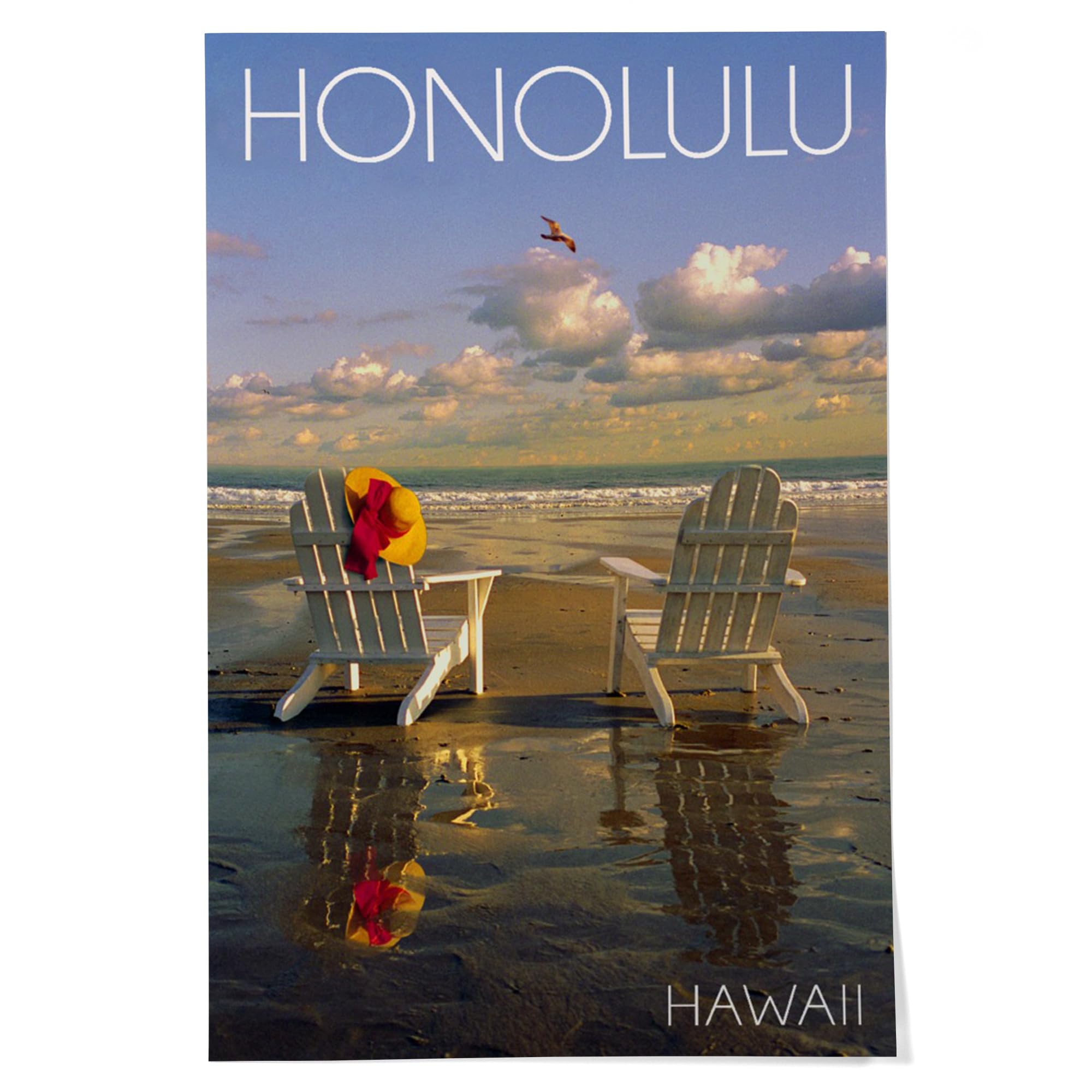 Lantern Press 24x36 Inch Giclee Art Print - Honolulu Hawaii Beach Scene with Adirondack Chairs - Premium Wall Decor for Living Room, Bedroom & Office