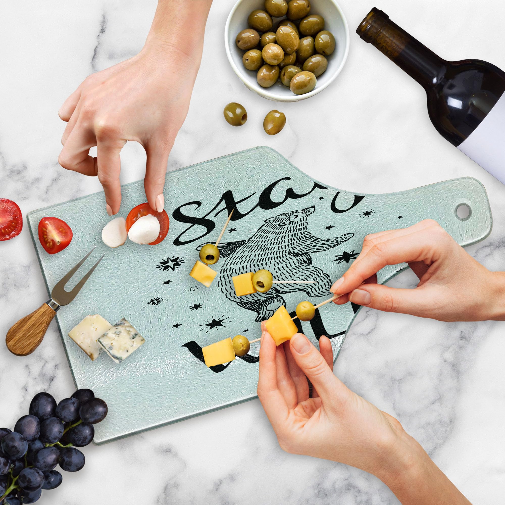 Ambesonne Bear Themed Tempered Glass Cutting Board - Hand Drawn Dancing Animal Design with Inspirational 