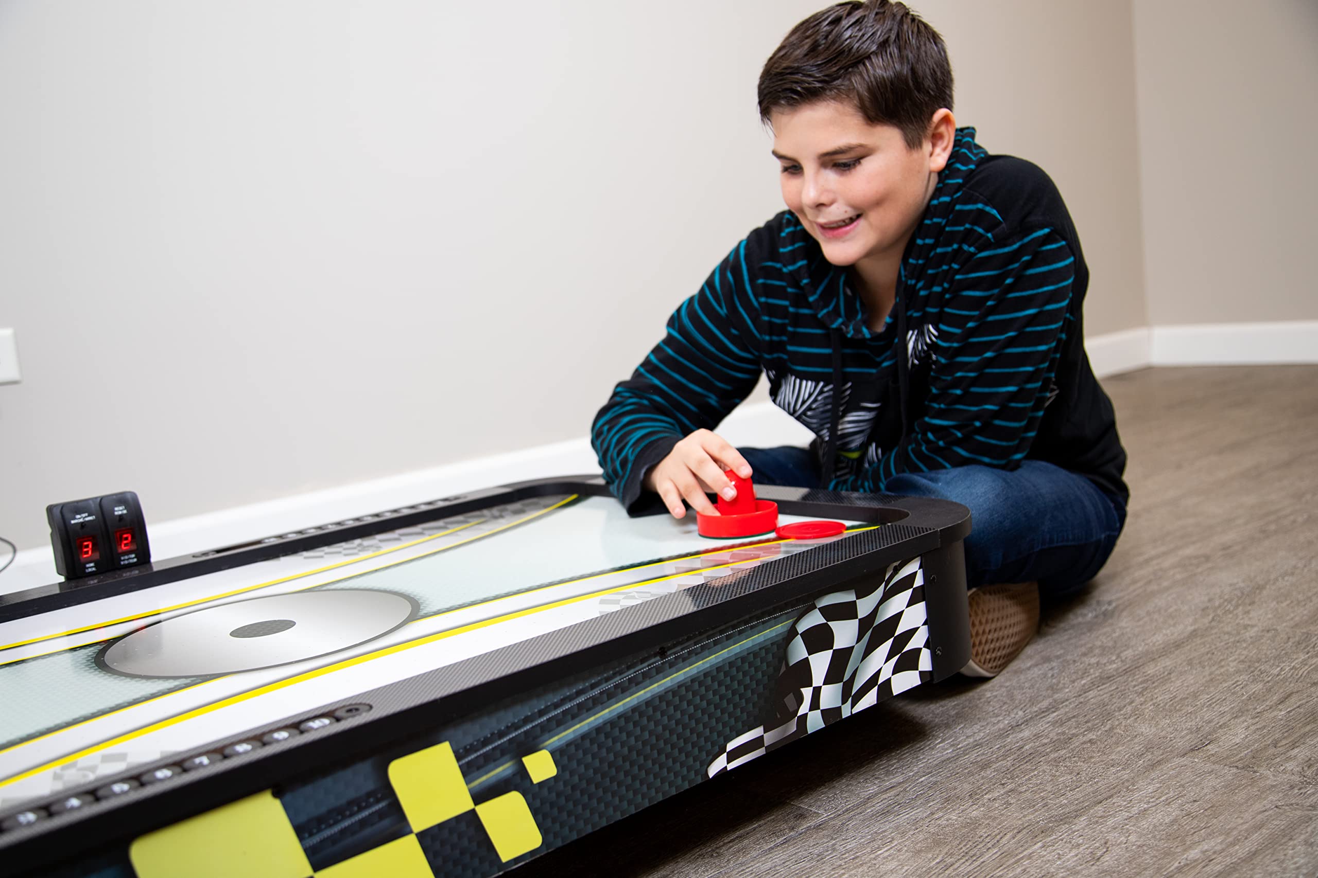 Hathaway Le Mans 42-inch Tabletop Air Hockey Game Table for Kids & Adults - Black & Yellow - Perfect for Game Rooms, Parties & Family Fun