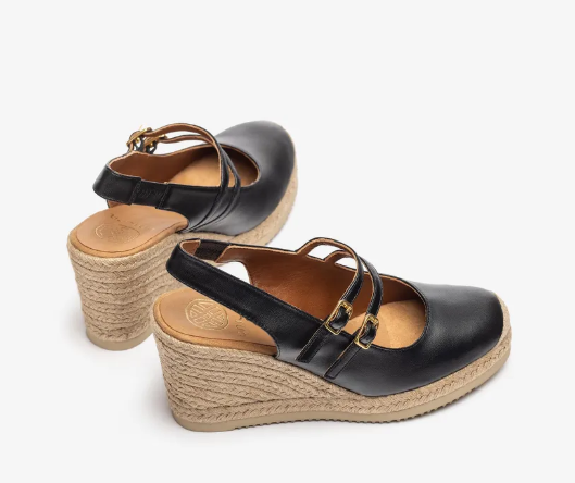 UNISA CYNTIA Black Leather Espadrille Sandals with Adjustable Ankle Straps - Comfortable Summer Wedges for Women, Perfect for Beach, Vacation & Casual Outings