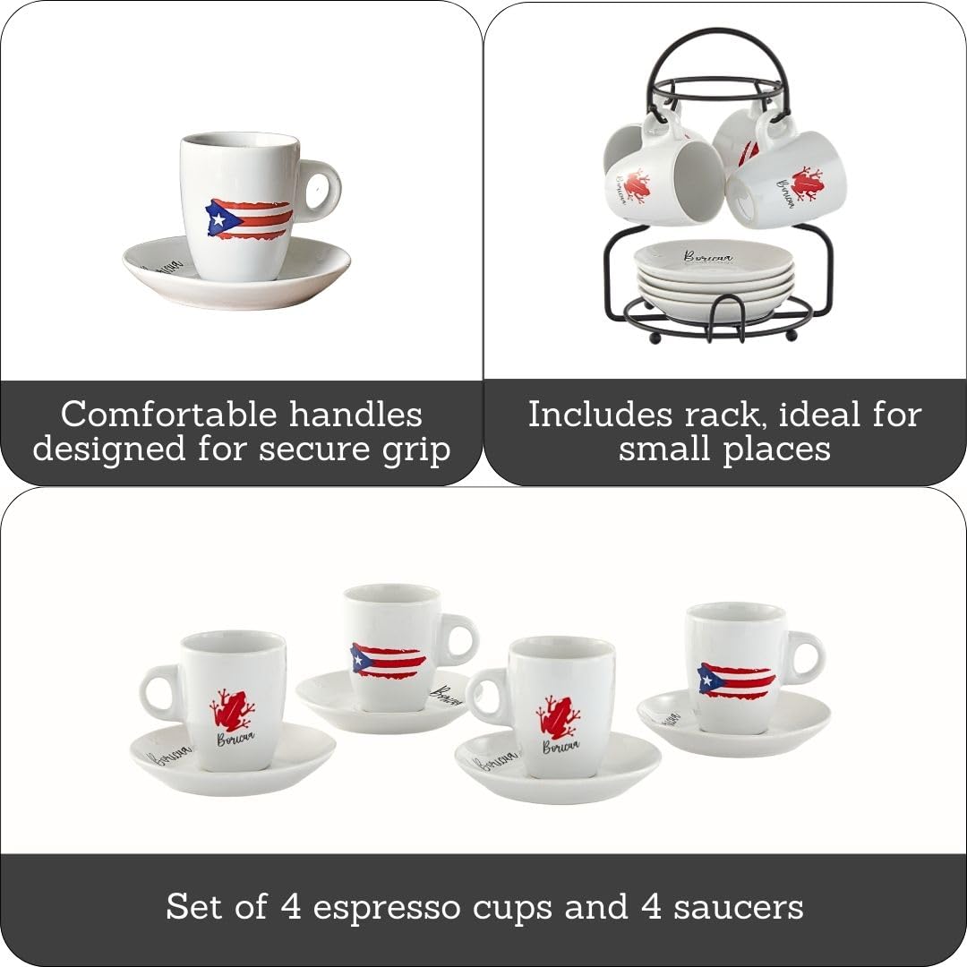 IMUSA 8-Piece 3oz Boricua Espresso Cups and Saucers Set with Wooden Rack - Perfect for Serving Cuban Coffee, Italian Espresso, or Turkish Tea at Home Cafes and Restaurants