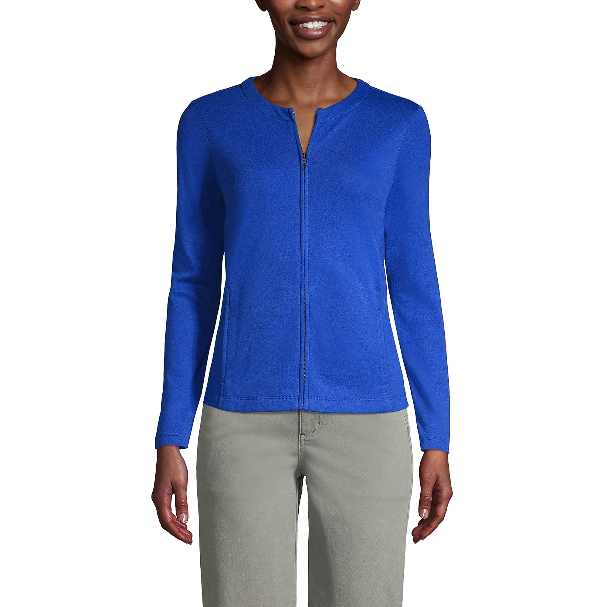 Lands' End Women's Cotton Polyester Zip-Up Crewneck Cardigan Sweater - Cozy Layering for Work, Office & Casual Outfits