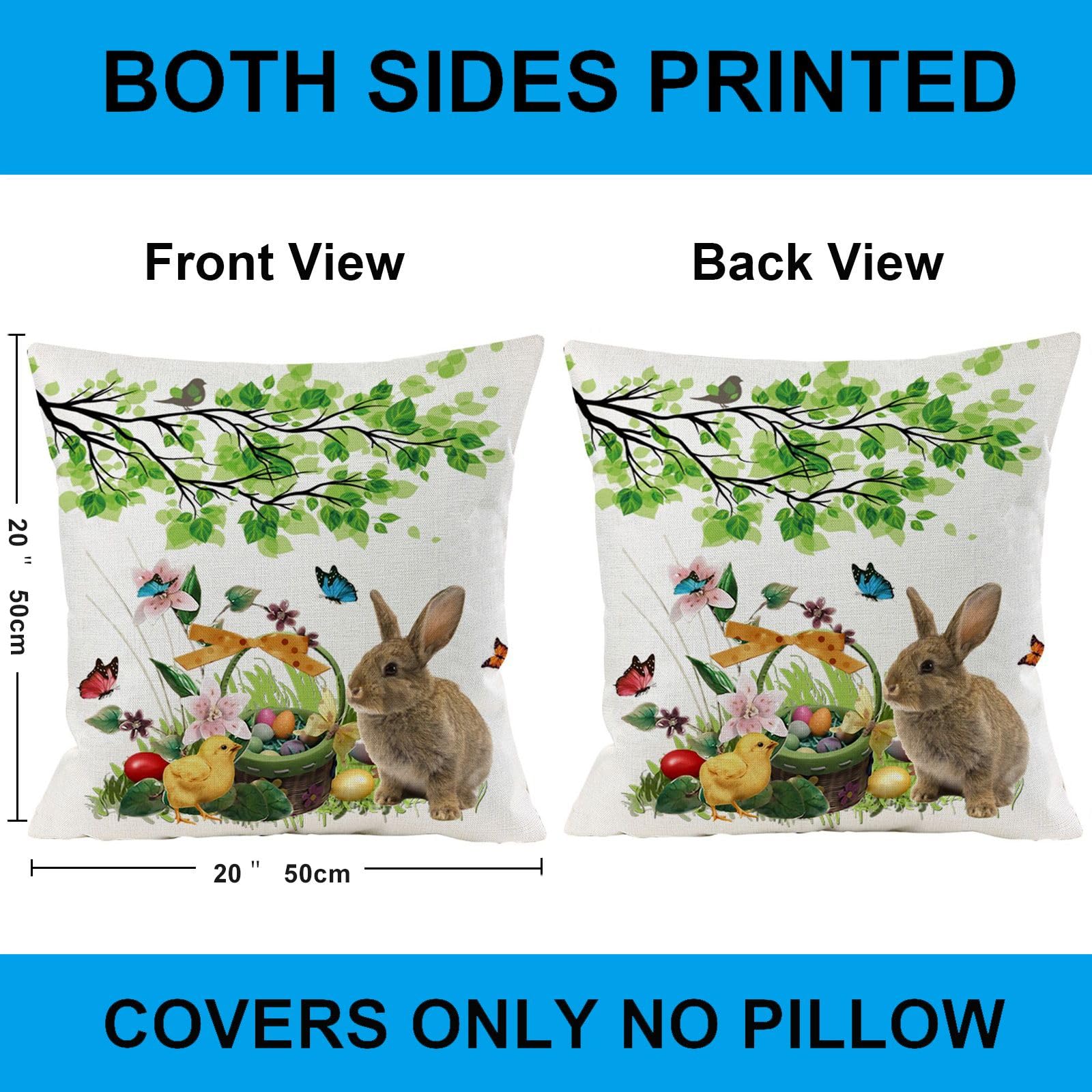 Easter Pillow Covers 20x20 Inch - Happy Easter Eggs, Tree, Bunny Rabbit & Spring Flowers Decorative Throw Pillow Cases for Sofa, Couch, Bed, Office, Car - Perfect for Easter Home Decor & Spring Season Celebrations