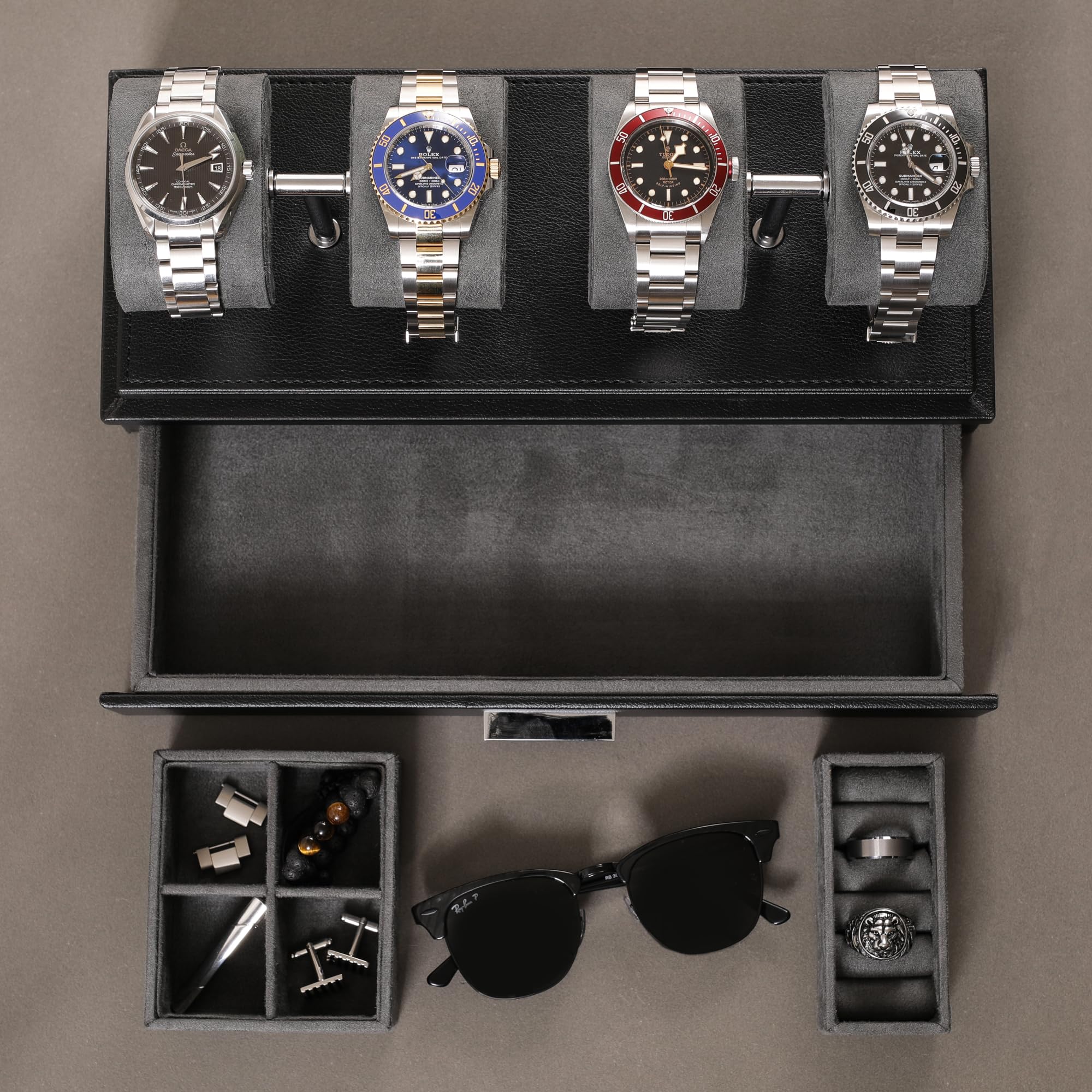 ROTHWELL Luxury Watch Display Case for 4 Watches – Premium Leather Watch Box with Clear Acrylic Cover & Removable Cushions – Multi-Use Accessory Drawer (Black/Grey) – Perfect for Watch Collectors, Gifts & Jewelry Storage
