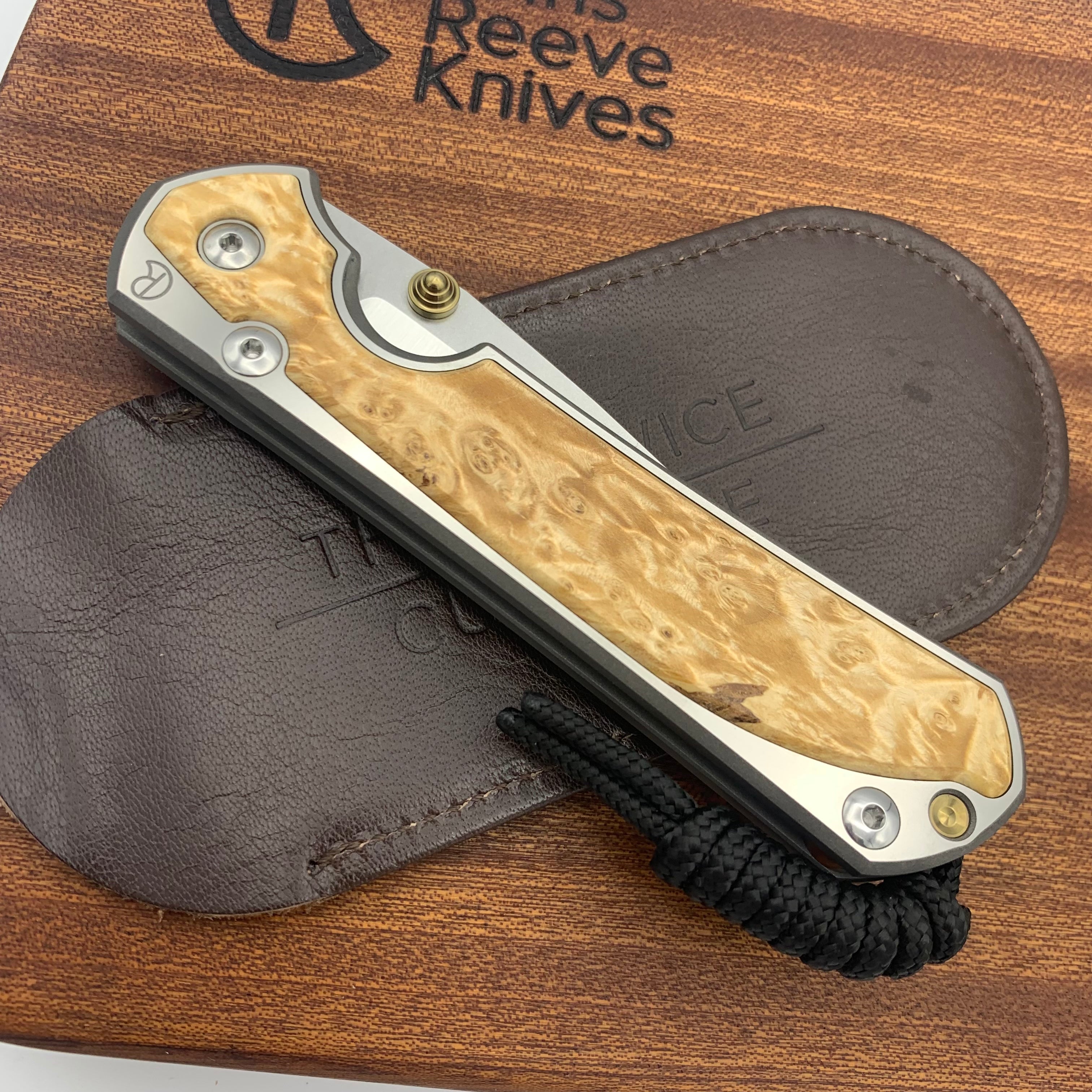 Chris Reeve Knives Large Sebenza 31 LH Drop Point Folding Knife - Box Elder Wood Inlay, Polished Titanium Handles, Double Gold Lugs - EDC, Camping, Hunting, Outdoor Survival Gear