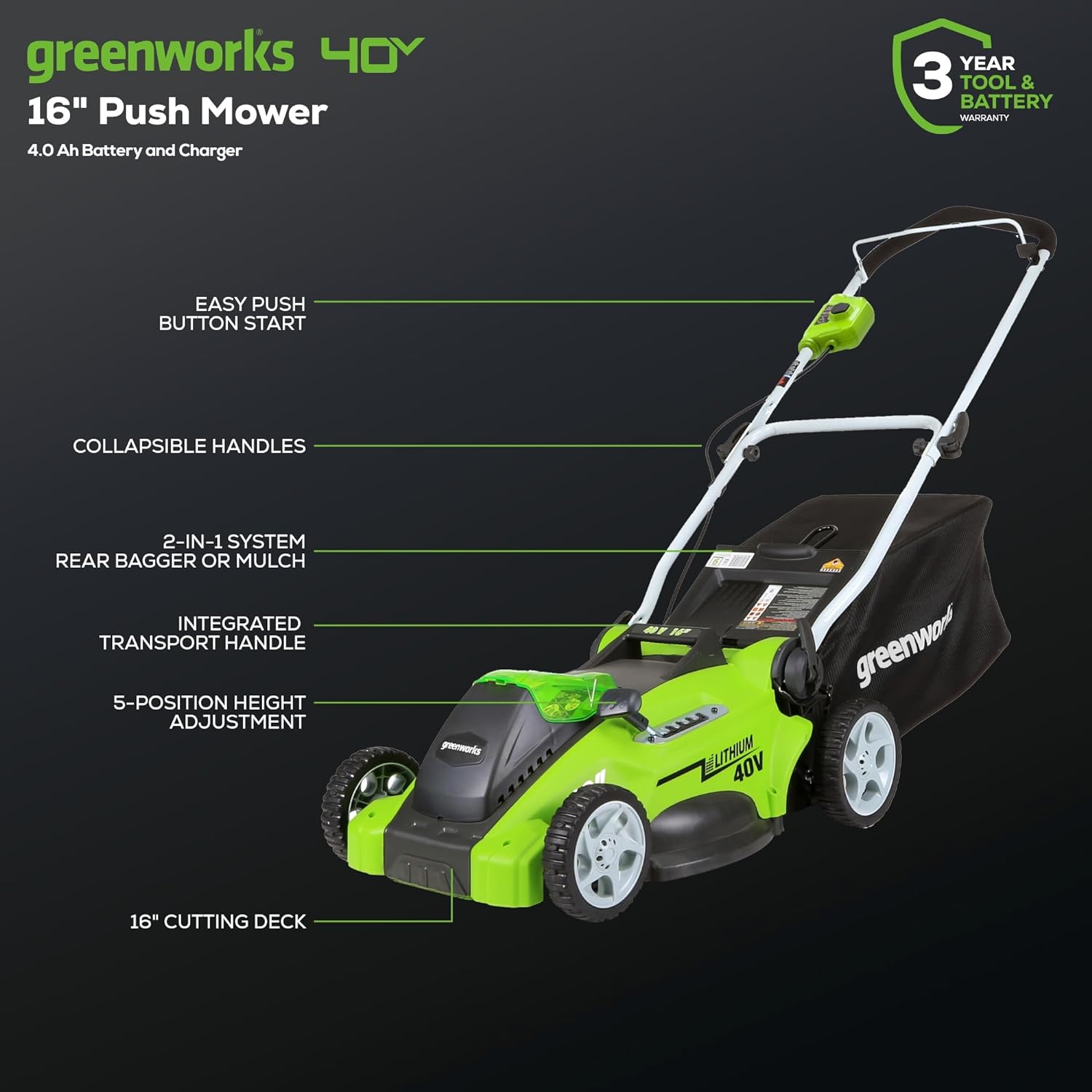 40V 16-Inch Cordless Battery Push Lawn Mower with 4.0Ah Battery & Fast Charger - Perfect for Small to Medium Yards, Quiet & Eco-Friendly Lawn Care
