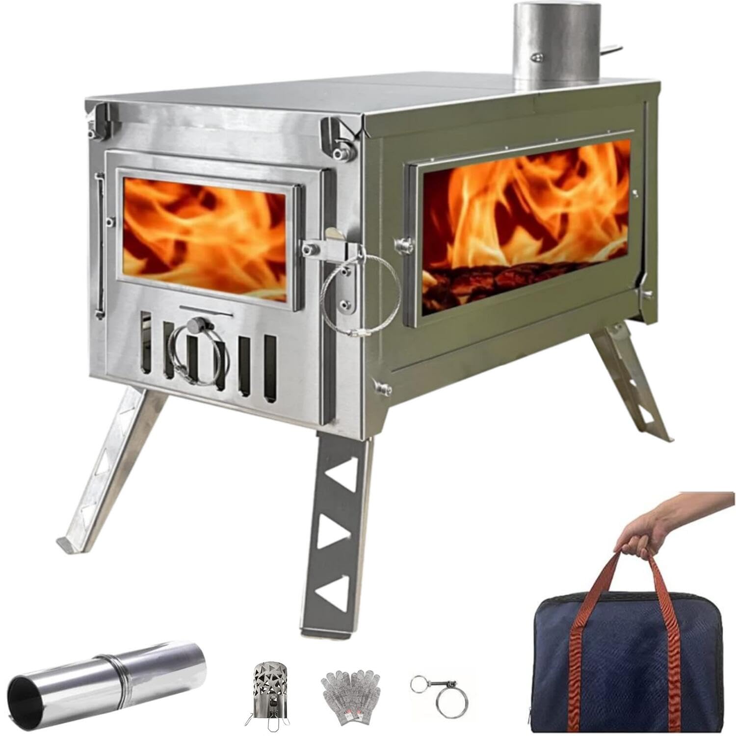 DANCHEL OUTDOOR HS6 Portable Tent Wood Camp Stove with Secondary Combustion, 304 Stainless Steel Collapsible Hot Tent Stove for Winter Camping, Survival Cooking, 6.5ft/2M Chimney - Ideal for Backpacking, Hunting, and Emergency Preparedness