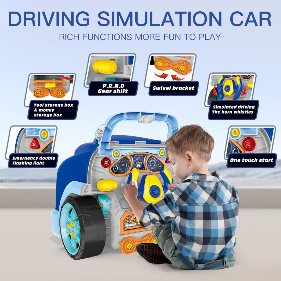 Interactive Truck Engine Toy with Removable Parts - Lights & Sounds STEM Learning Toy for Kids - Educational Pretend Play for Young Mechanics to Develop Creativity & Motor Skills - Perfect for Birthday Gifts & Indoor Playtime (Blue)