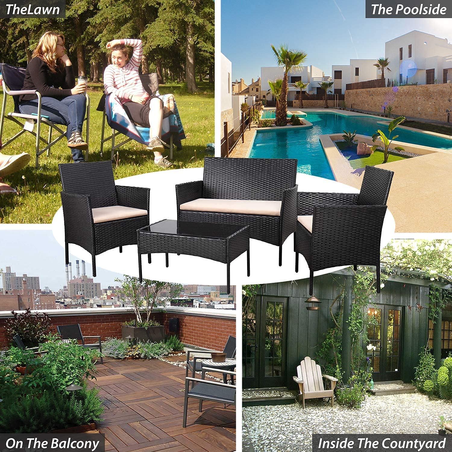 4-Piece Outdoor Rattan Wicker Patio Furniture Set with Tempered Glass Table - All-Weather Conversation Sofa & Chairs for Backyard, Poolside, Garden, and Deck (Dark Black)