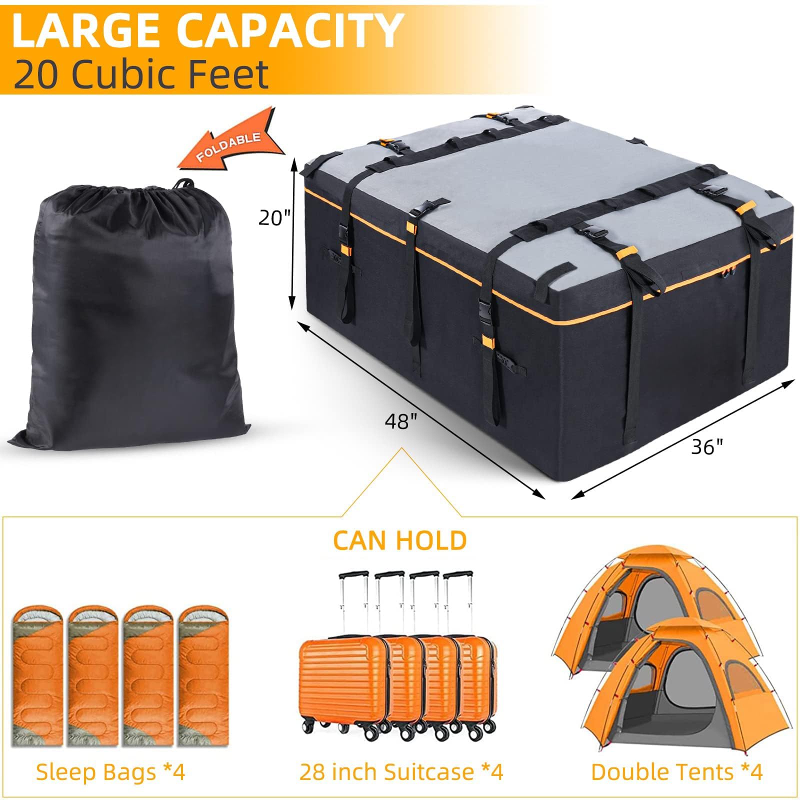 Heavy-Duty 20 Cubic Feet Rooftop Cargo Carrier - Universal Car Roof Bag with Anti-Slip Mat, 10 Reinforced Straps & 6 Door Hooks - Fits All Vehicles With/Without Roof Rack (Black) | Perfect for Road Trips, Camping Gear Storage & SUV Travel Accessories