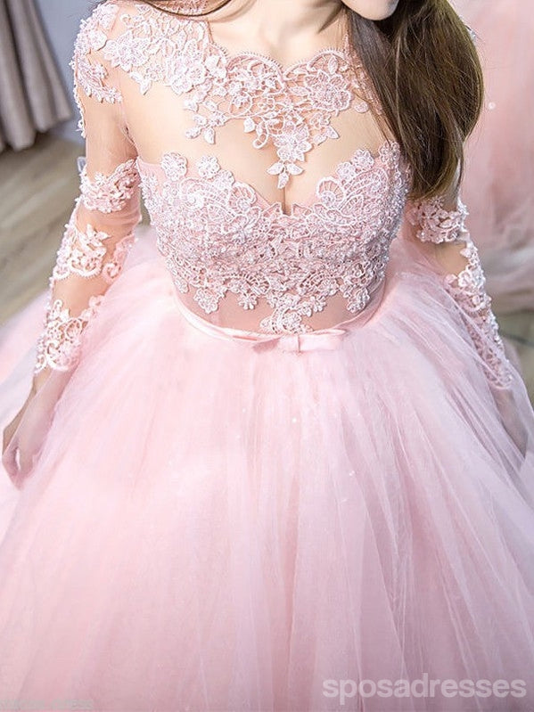 Elegant Pink A-Line Long Sleeve Prom Dress with Jewel Details - Formal Evening Gown for Homecoming, Ball, Wedding & Special Occasions - Style 12829