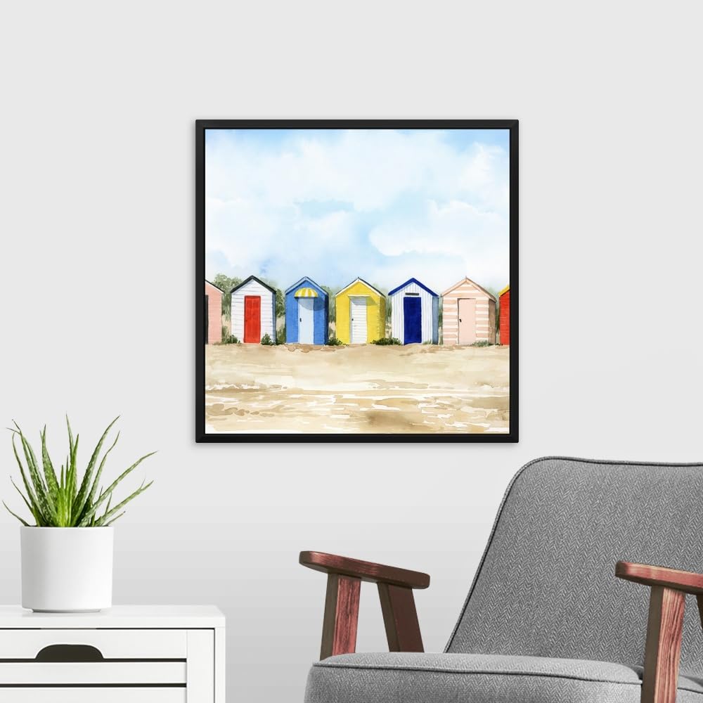 Beach Huts II Black Float Frame Canvas Art - Coastal Wall Decor for Living Room, Bedroom & Office - Nautical Beach House Painting for Home & Vacation Rental Decor