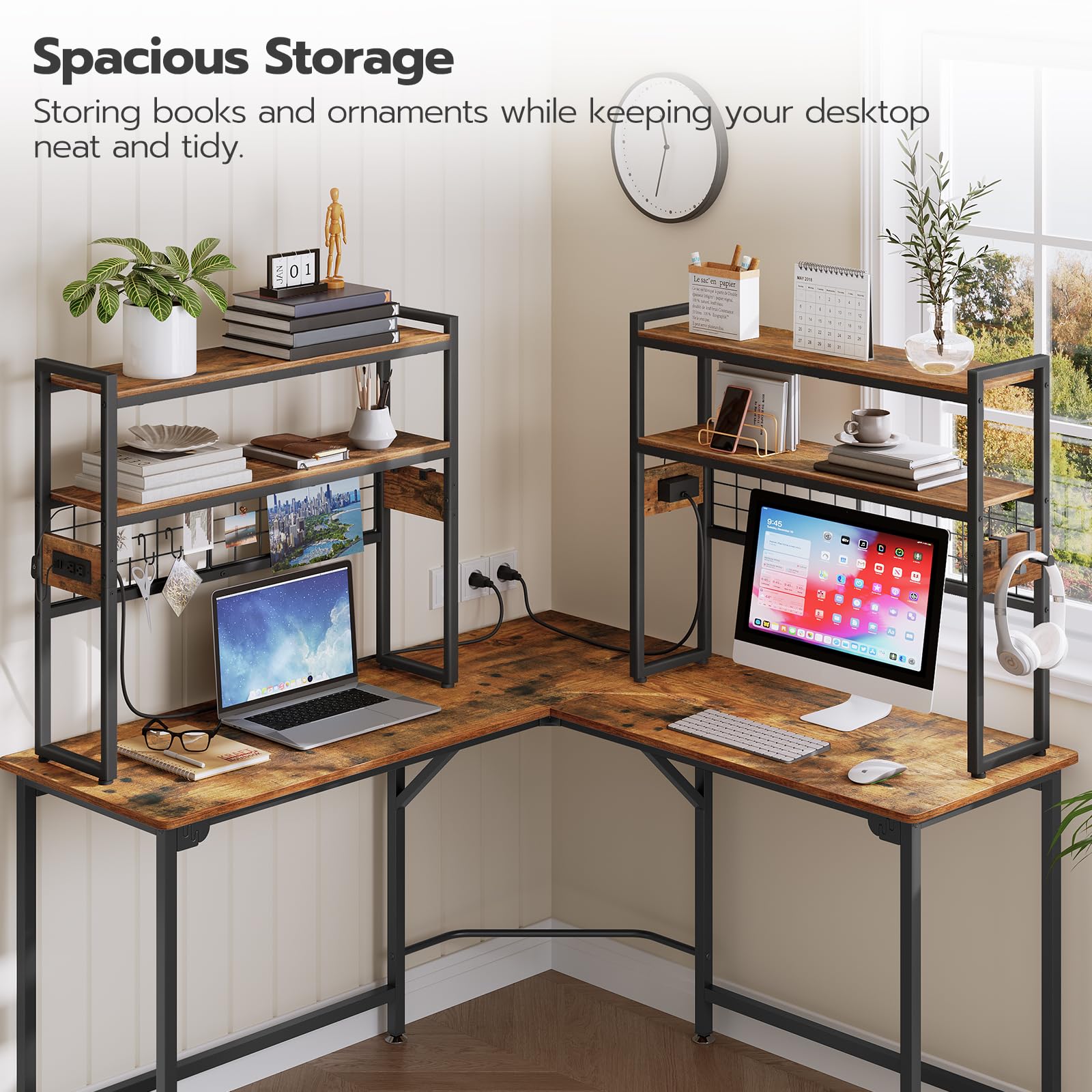 HOOBRO 2-Tier Wooden Desktop Bookcase with LED Light Strip & Power Outlets - 29.9