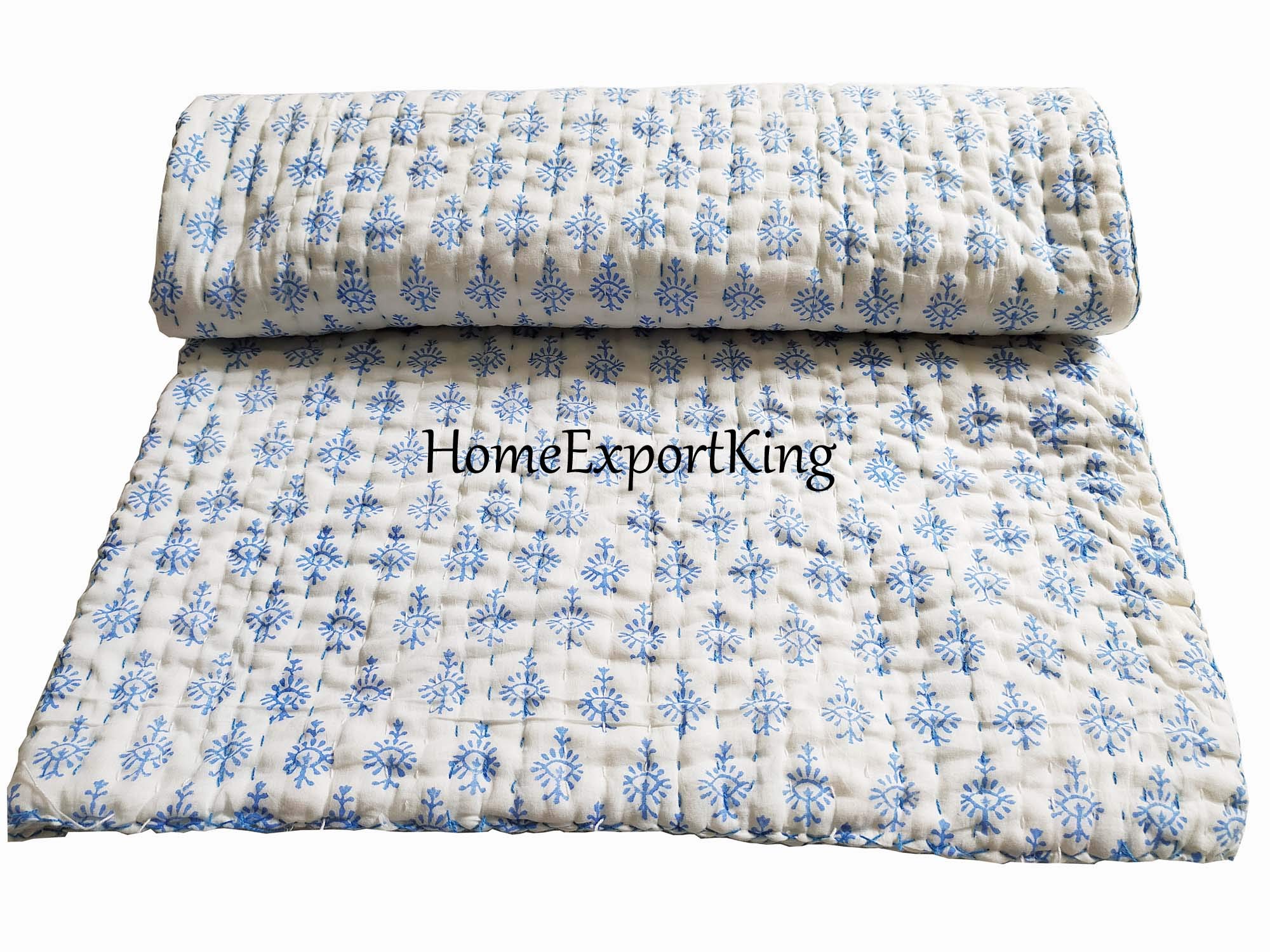 Handmade Blue Floral Indian Cotton Kantha Quilt - Reversible Rajasthani Jaipuri Razai | California King Size 108x108 Inches | Perfect for Bedroom Decor, Boho Chic Style & Cozy Winter Nights