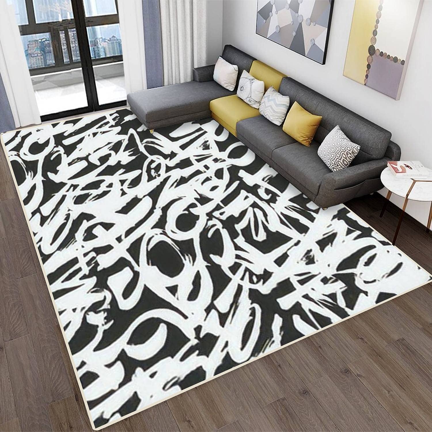 Modern Abstract Area Rug - Stain Resistant Graffiti Print Carpet for Living Room, Bedroom, Kitchen & Bathroom - Rectangular Home Decor Mat for Contemporary Spaces