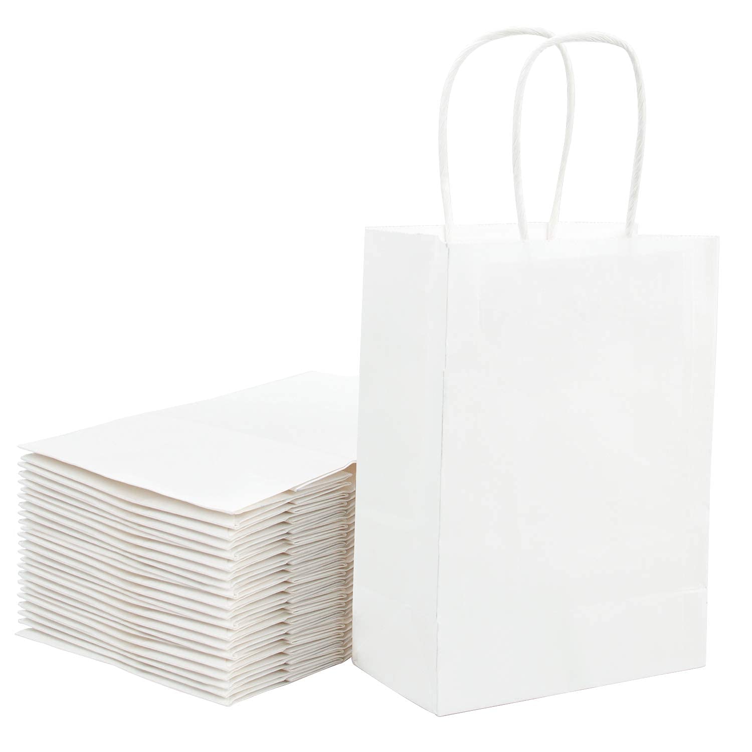 Biobrown 25-Pack White Gift Bags with Handles - 8x4.25x10.5 Inch Bulk Paper Bags for Birthday, Wedding, Baby Shower & Party Favors - Perfect for Corporate Events, Holiday Gifts & Retail Packaging