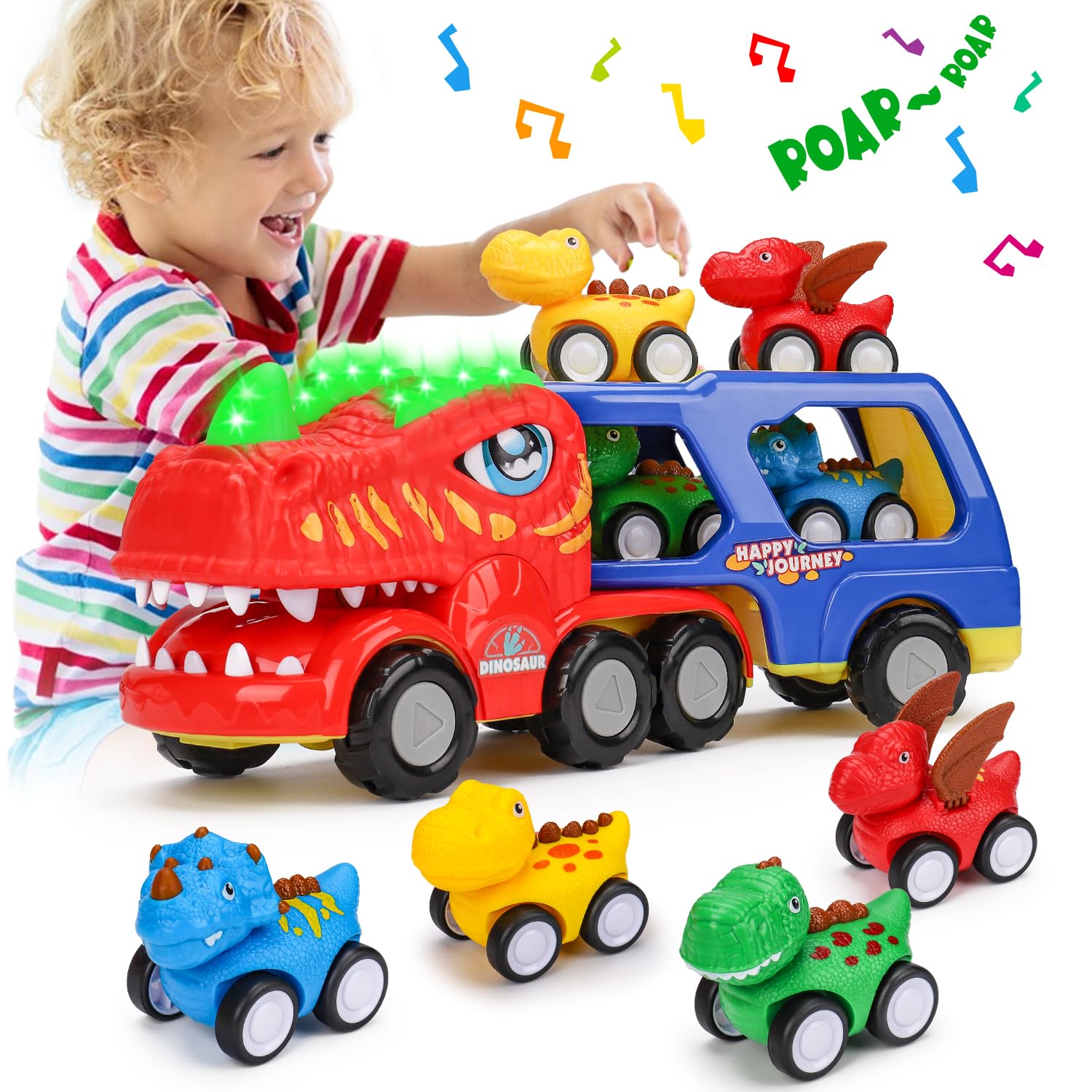 Dinosaur Transport Truck Toys for Toddlers 1-5 Years - 5-in-1 Interactive Dino Toy with Sounds & Lights - Best Birthday & Christmas Gift for Boys & Girls - Perfect for Pretend Play, Learning & Sensory Development