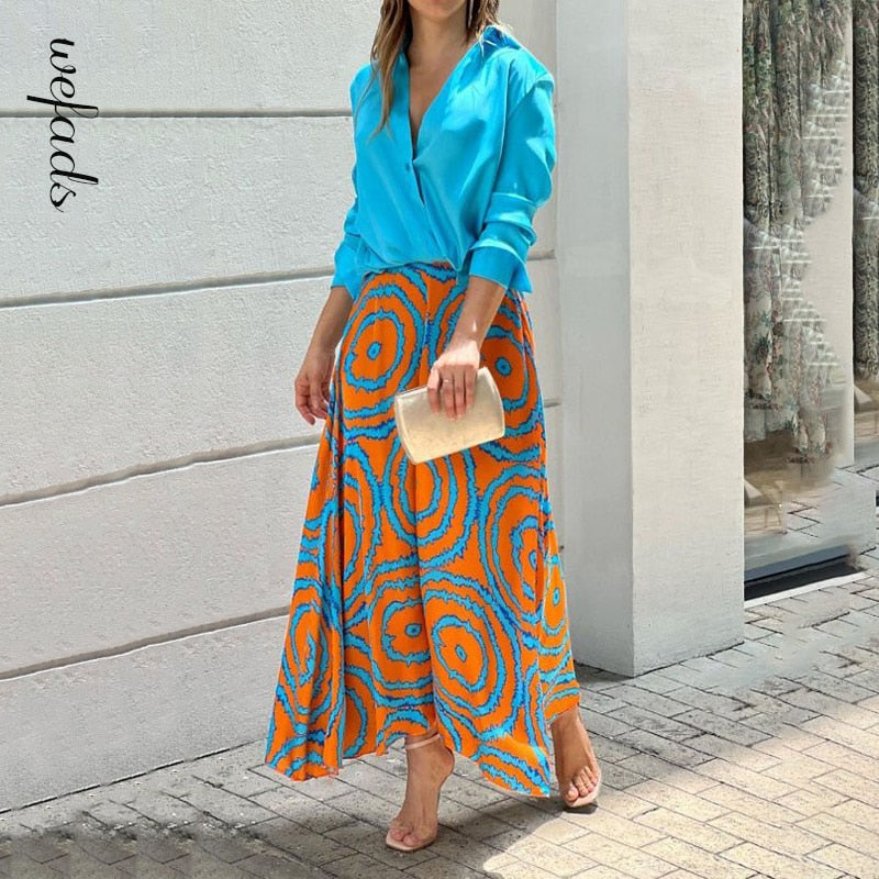 Lovevop Women's Two Piece Set - Sexy Lapel Solid Color Top & Printed Long Skirt Outfit | High Street Fashion Dress for Back to School, Date Night & Party Wear