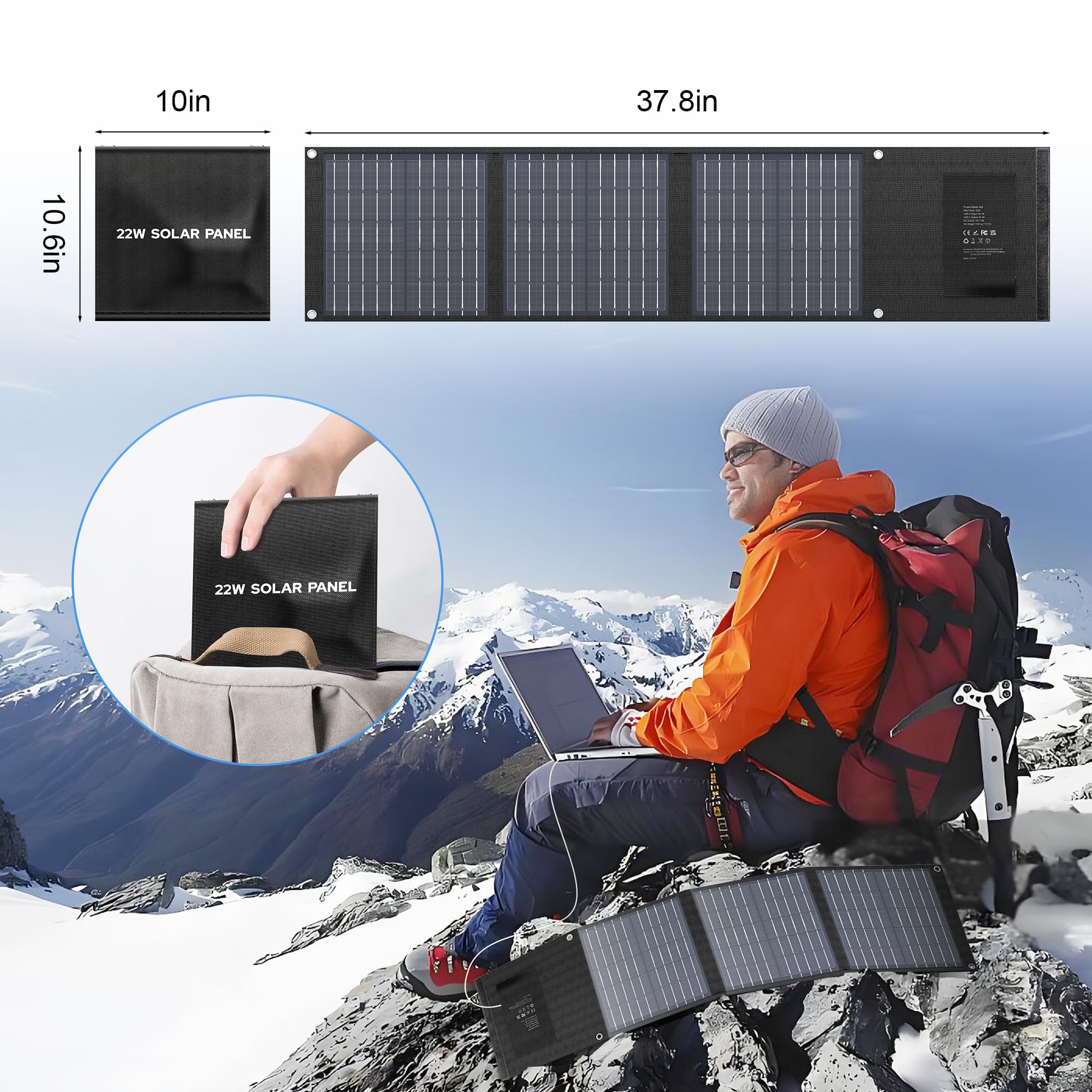 Enginstar 22W Portable Solar Panel Charger - Foldable Solar Power for Camping, RV Trips & Outdoor Adventures - QC3.0 USB & DC Output - Compatible with iPhone, iPad, Laptop, Power Stations & Solar Generators - Perfect for Emergency Power, Off-Grid Living & Travel Charging