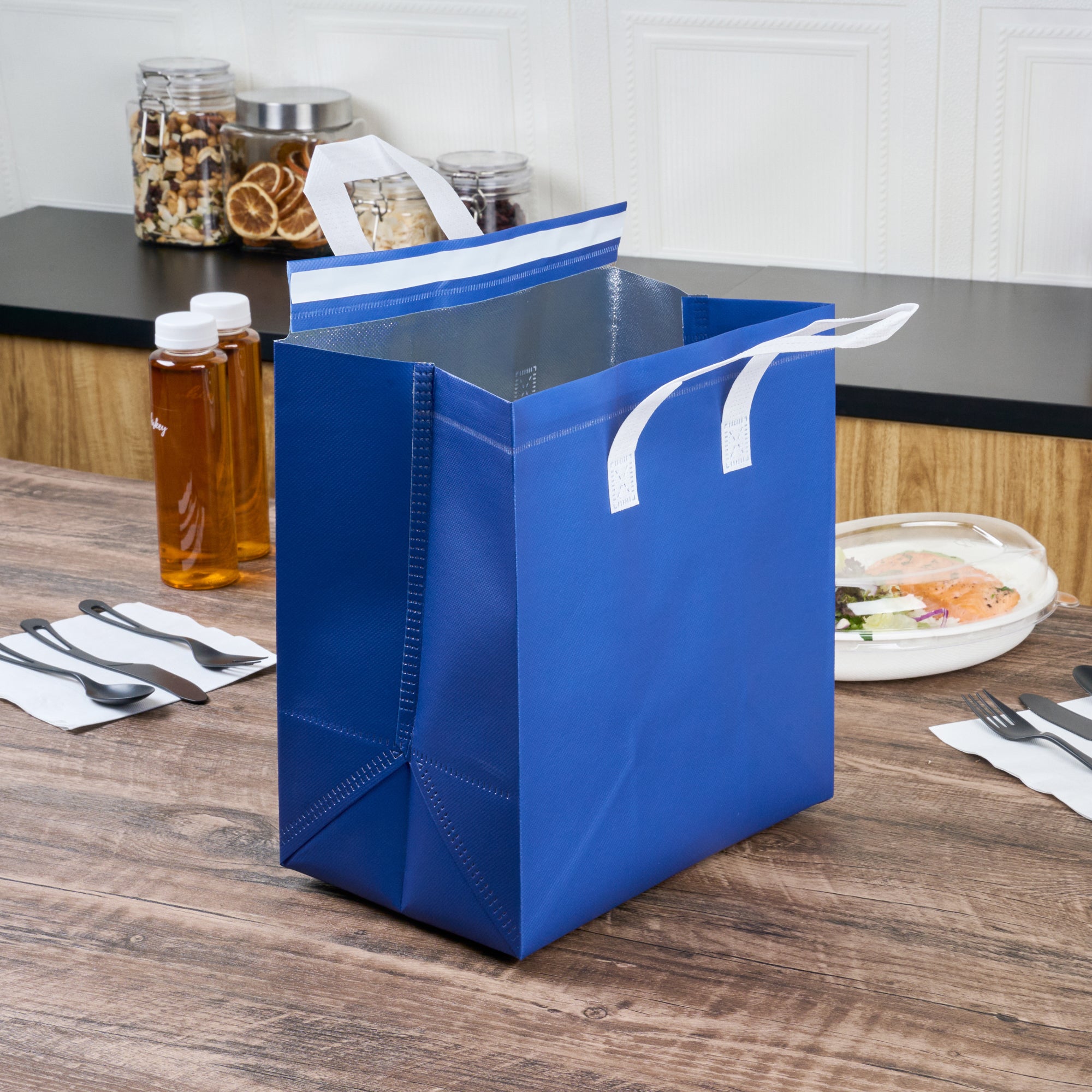 Insulated Blue Tamper-Evident Takeout Bags - 10.25