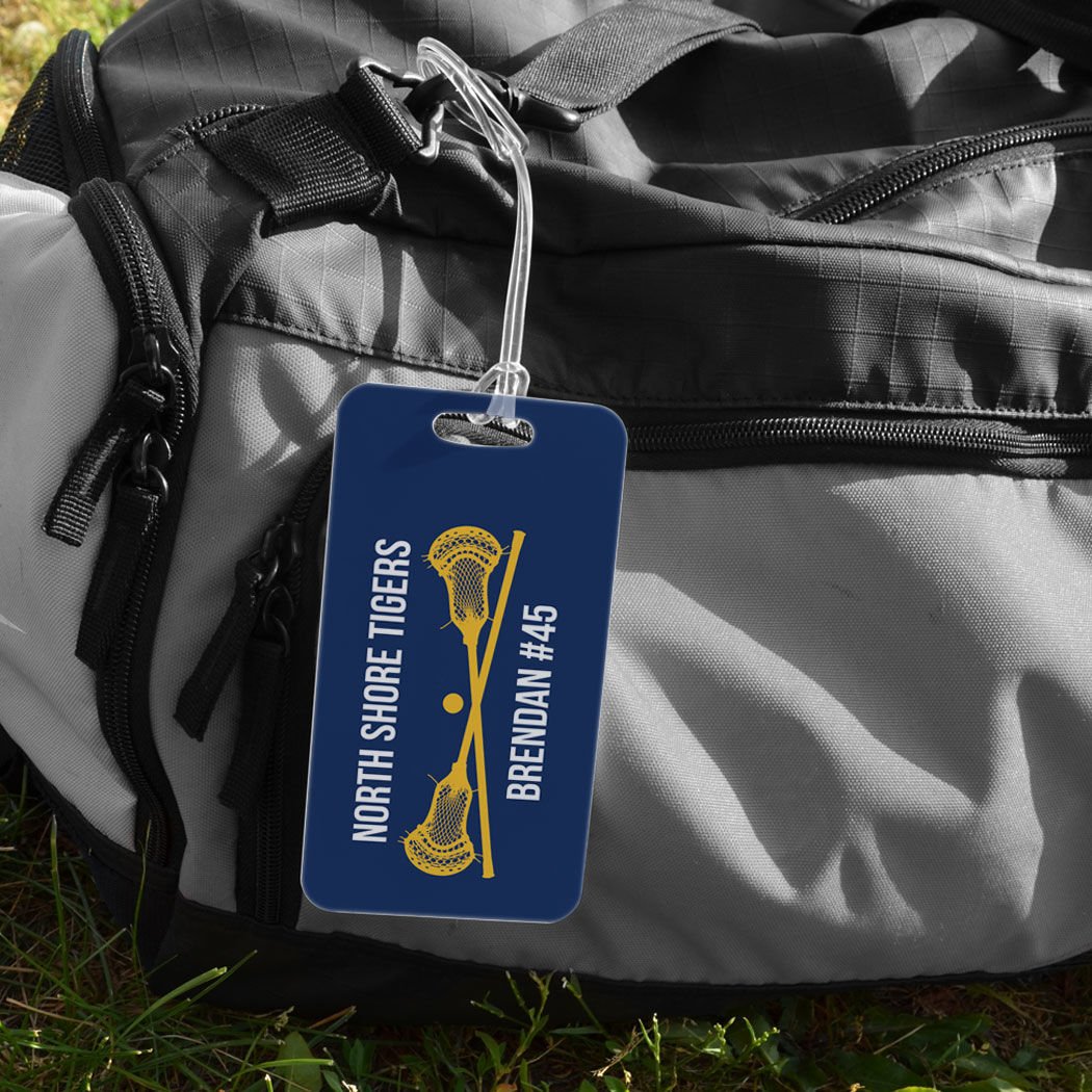Personalized Guys Lacrosse Luggage Tag with Crossed Lax Sticks - Custom Text & Standard Lines - Large Navy & Gold Sports Bag Tag for Travel, Gym & Team Gear Identification