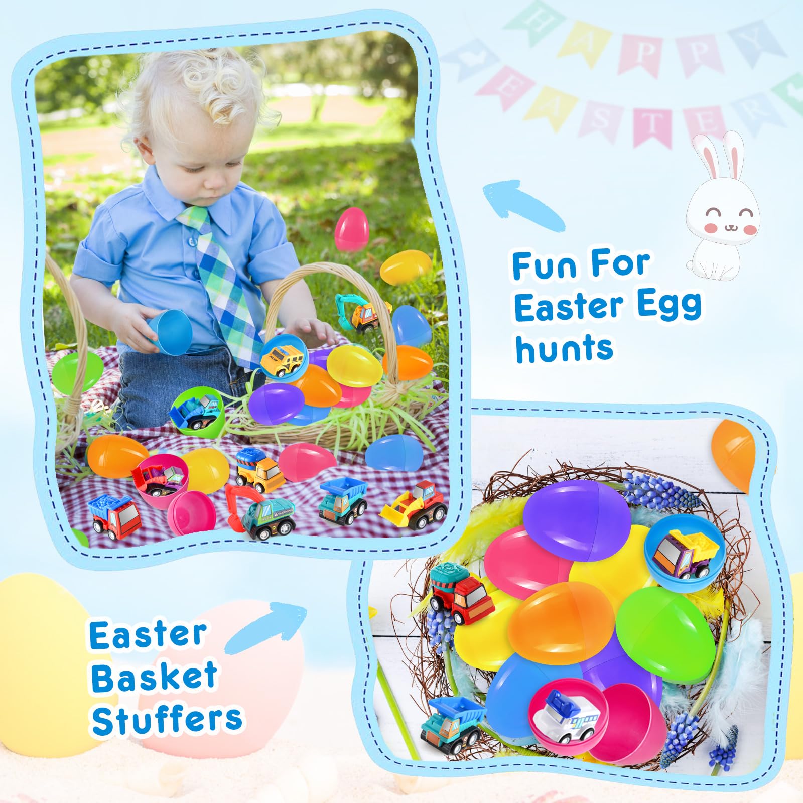 24-Pack Easter Toy Cars - Pull Back Construction Trucks & Police Cars for Kids Party Favors | Easter Egg Hunt Gifts, Classroom Prizes & Basket Stuffers | Great for Easter Celebrations, Birthday Parties & School Rewards