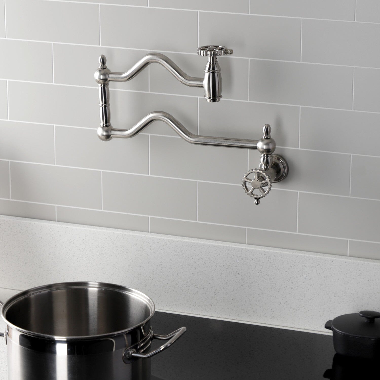 Stainless Steel 2-Handle Pot Filler Faucet - Wall Mounted Commercial Grade Kitchen Sink Faucet for Cooking, Filling Pots & Pasta Making - Perfect for Home Chefs & Restaurants