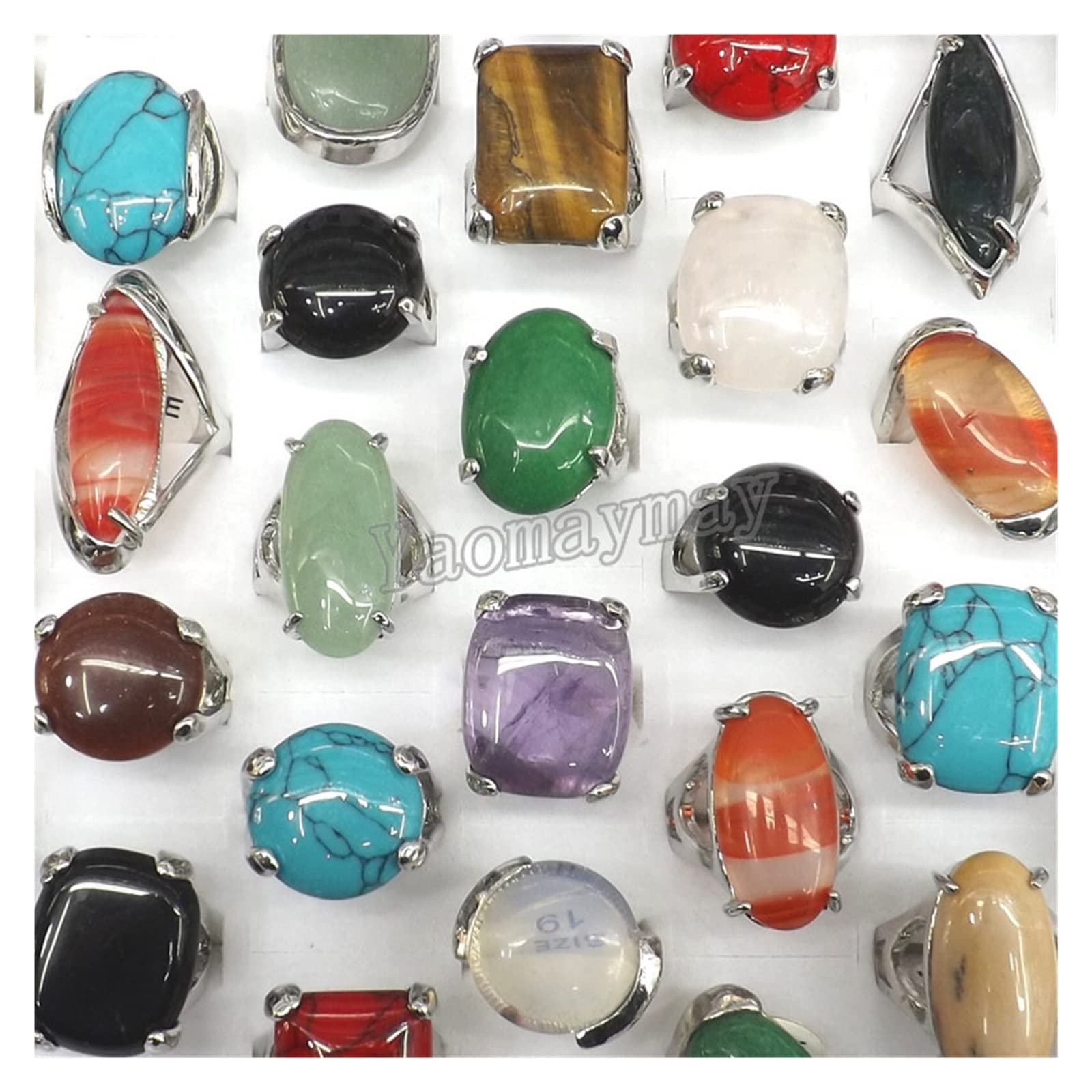 Camplab 50pcs Natural Semi-Precious Stone Rings - Genuine Jade Energy Jewelry for Protection & Positive Vibes | Classic Retro Style for Meditation, Yoga, Spiritual Healing & Gift Giving
