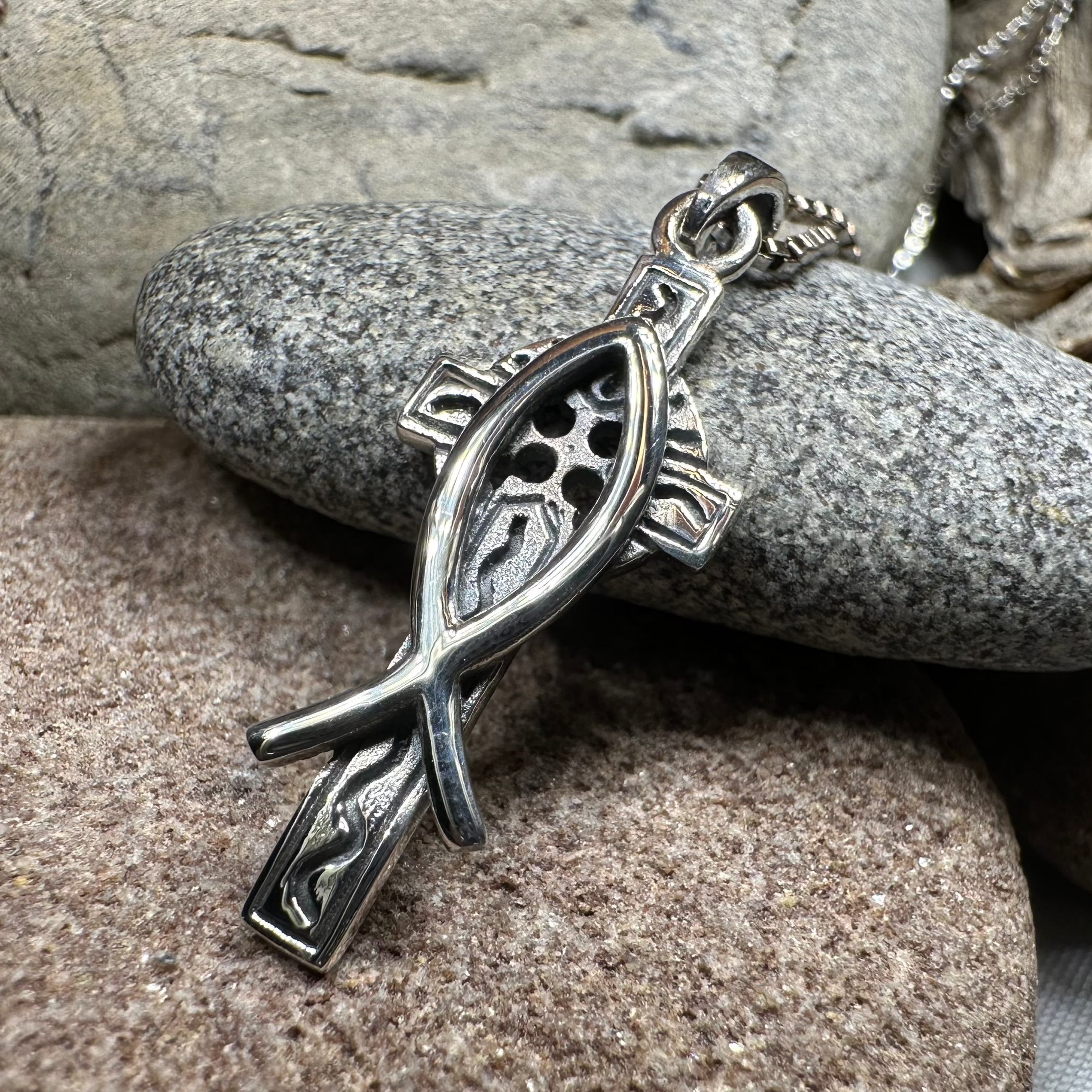 Ichthys Celtic Cross Necklace for Men & Women - Stainless Steel Christian Fish Symbol Pendant with 18