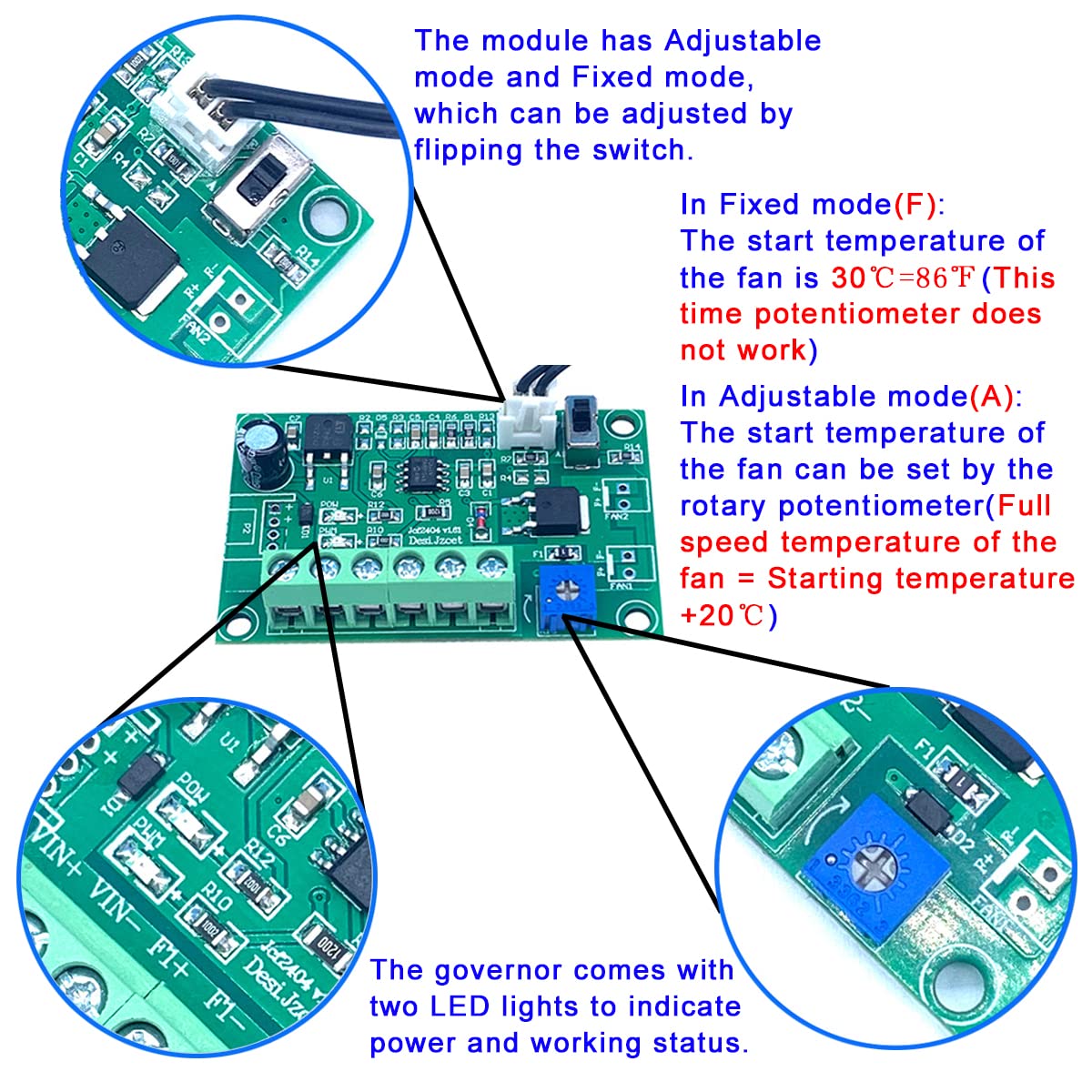 12V 24V 4A 2-Way Adjustable PWM Fan Speed Controller - Automatic PC CPU Case Fan Temperature Governor with Sensor for 2/3/4-Wire DC Fans - Perfect for Computer Cooling, Gaming Rigs & Server Cabinets